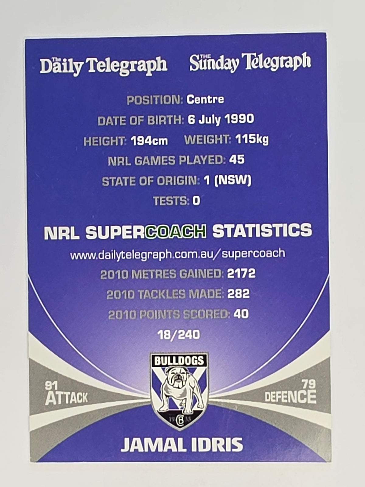 NRL 2011 Daily Telegraph | #018 Jamal Idris | Canterbury Bankstown Bulldogs