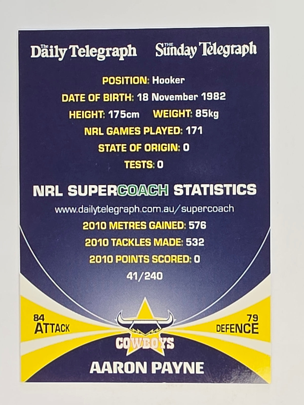 NRL 2011 Daily Telegraph | #041 Aaron Payne | North Queensland Cowboys