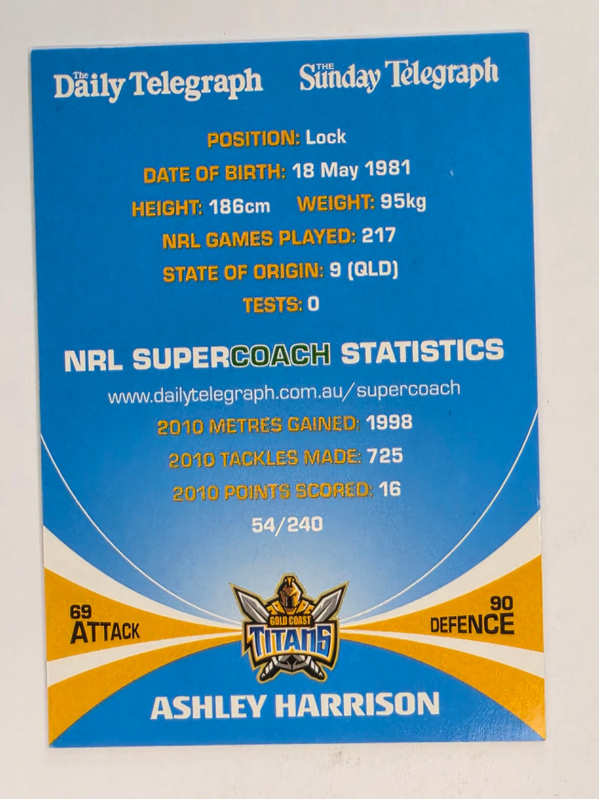 NRL 2011 Daily Telegraph | #054 Ashley Harrison | Gold Coast Titans