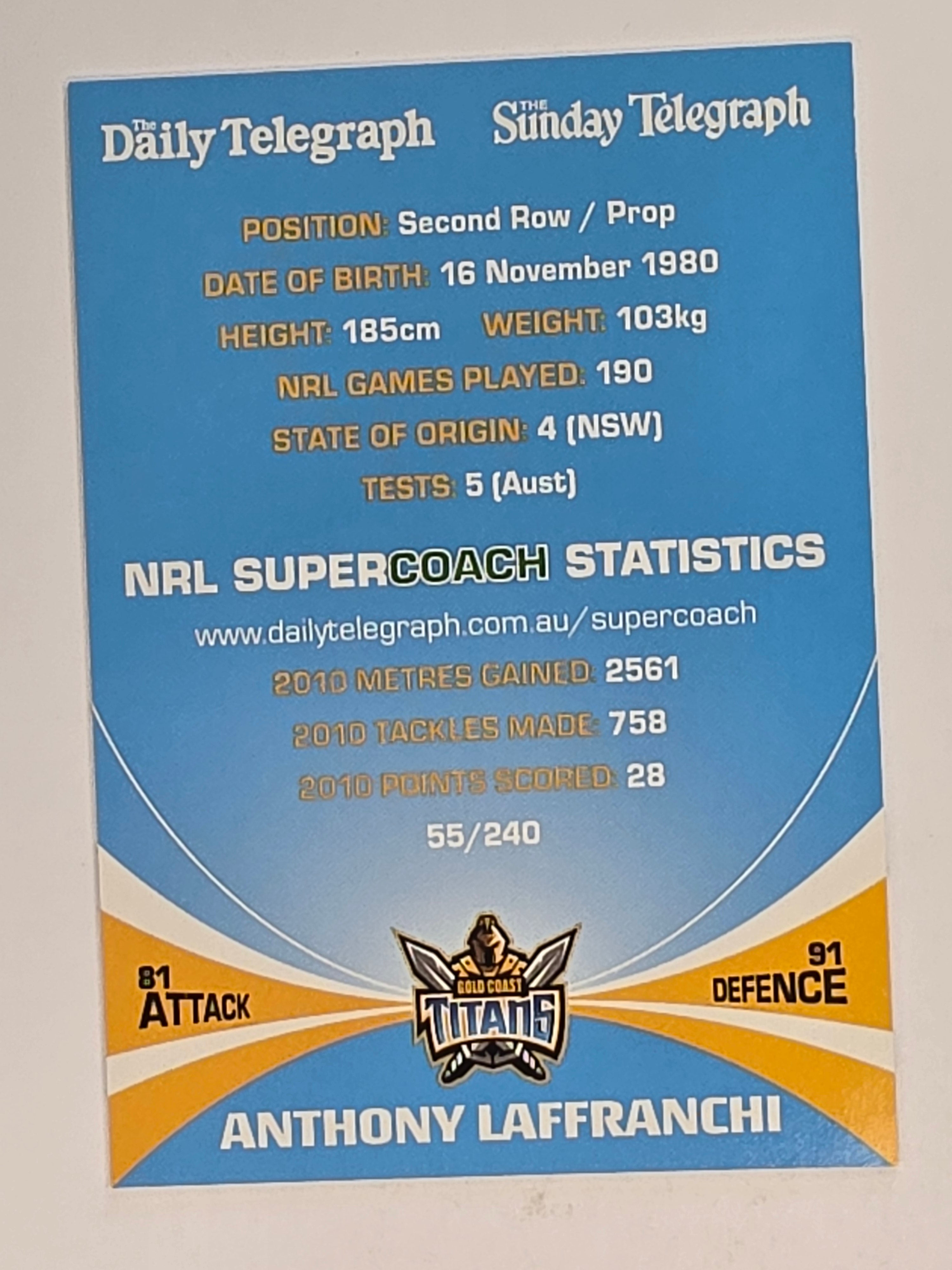 NRL 2011 Daily Telegraph | #055 Anthony Laffranchi | Gold Coast Titans