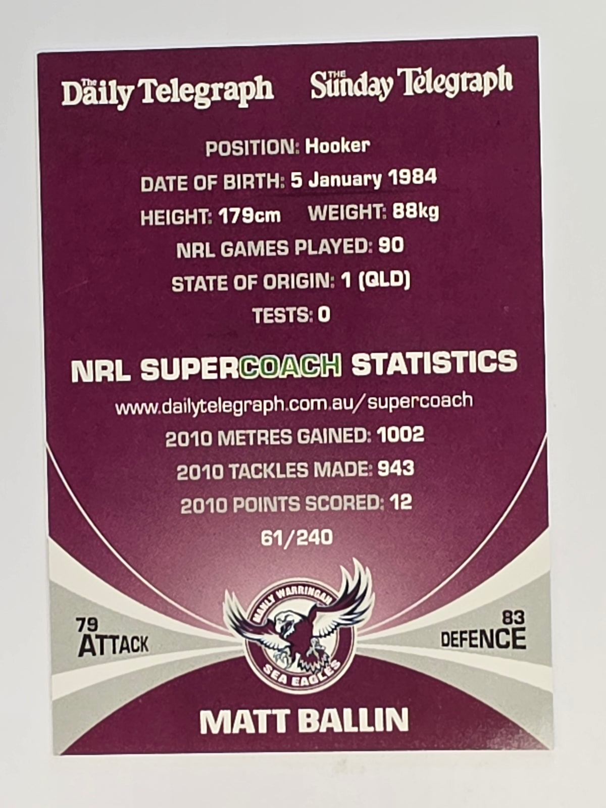 NRL 2011 Daily Telegraph | #061 Matt Ballin | Manly Warringah Sea Eagles