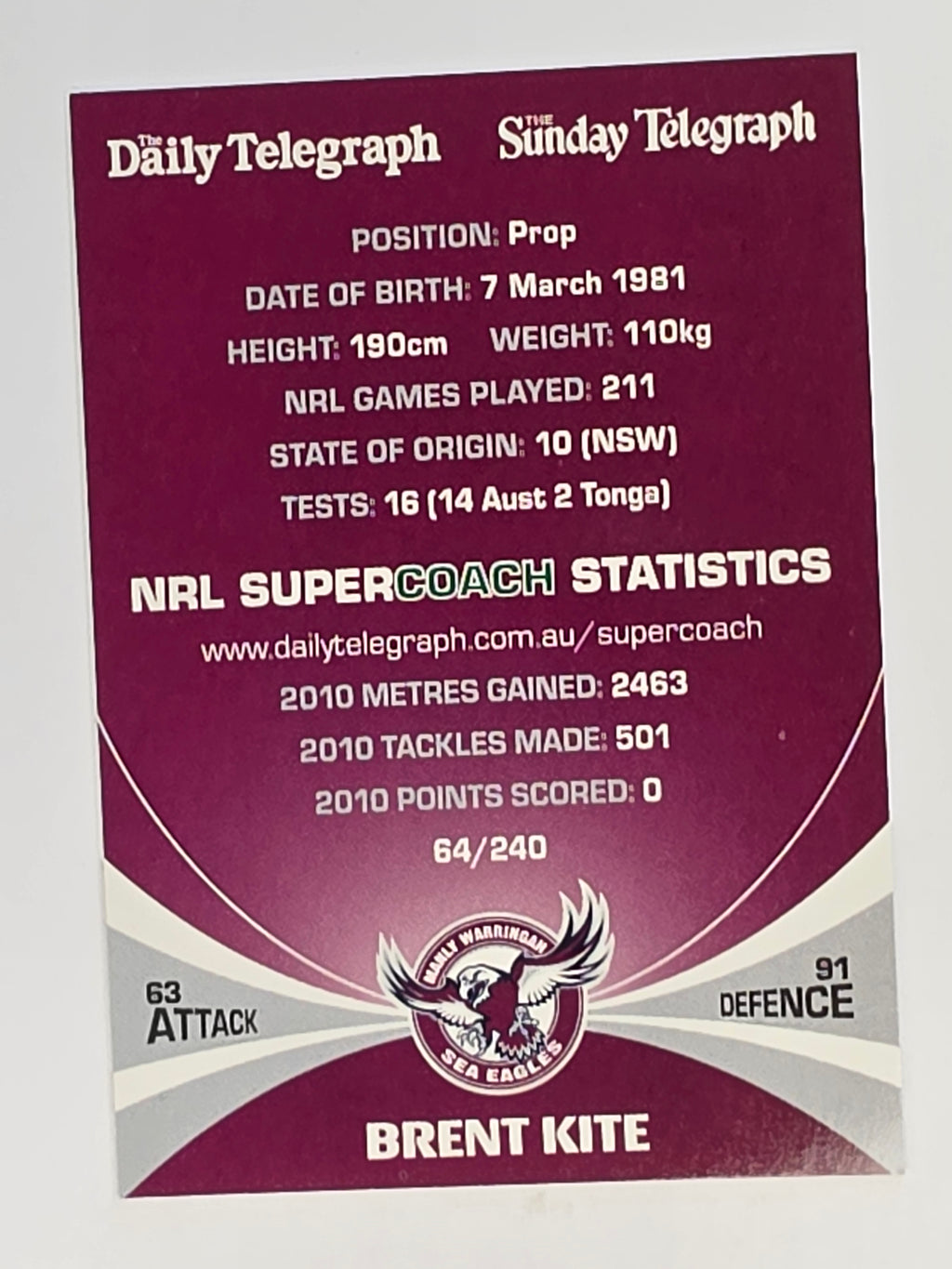 NRL 2011 Daily Telegraph | #064 Brent Kite | Manly Warringah Sea Eagles