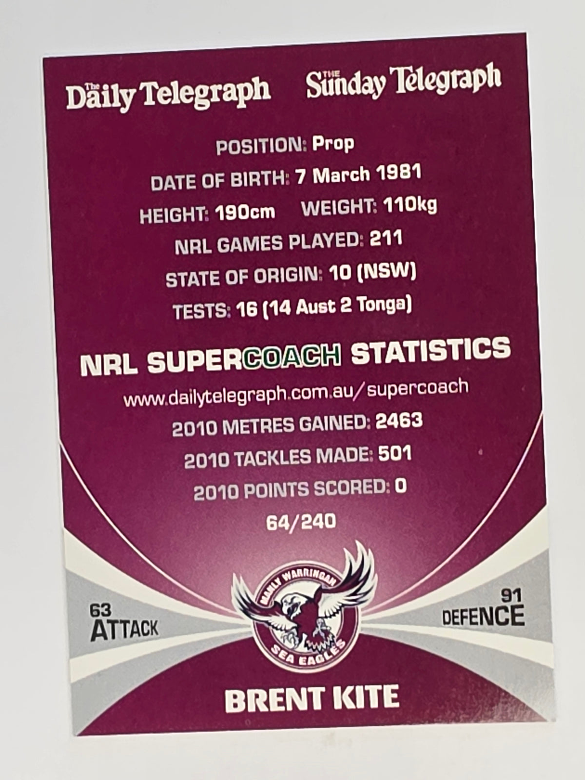 NRL 2011 Daily Telegraph | #064 Brent Kite | Manly Warringah Sea Eagles