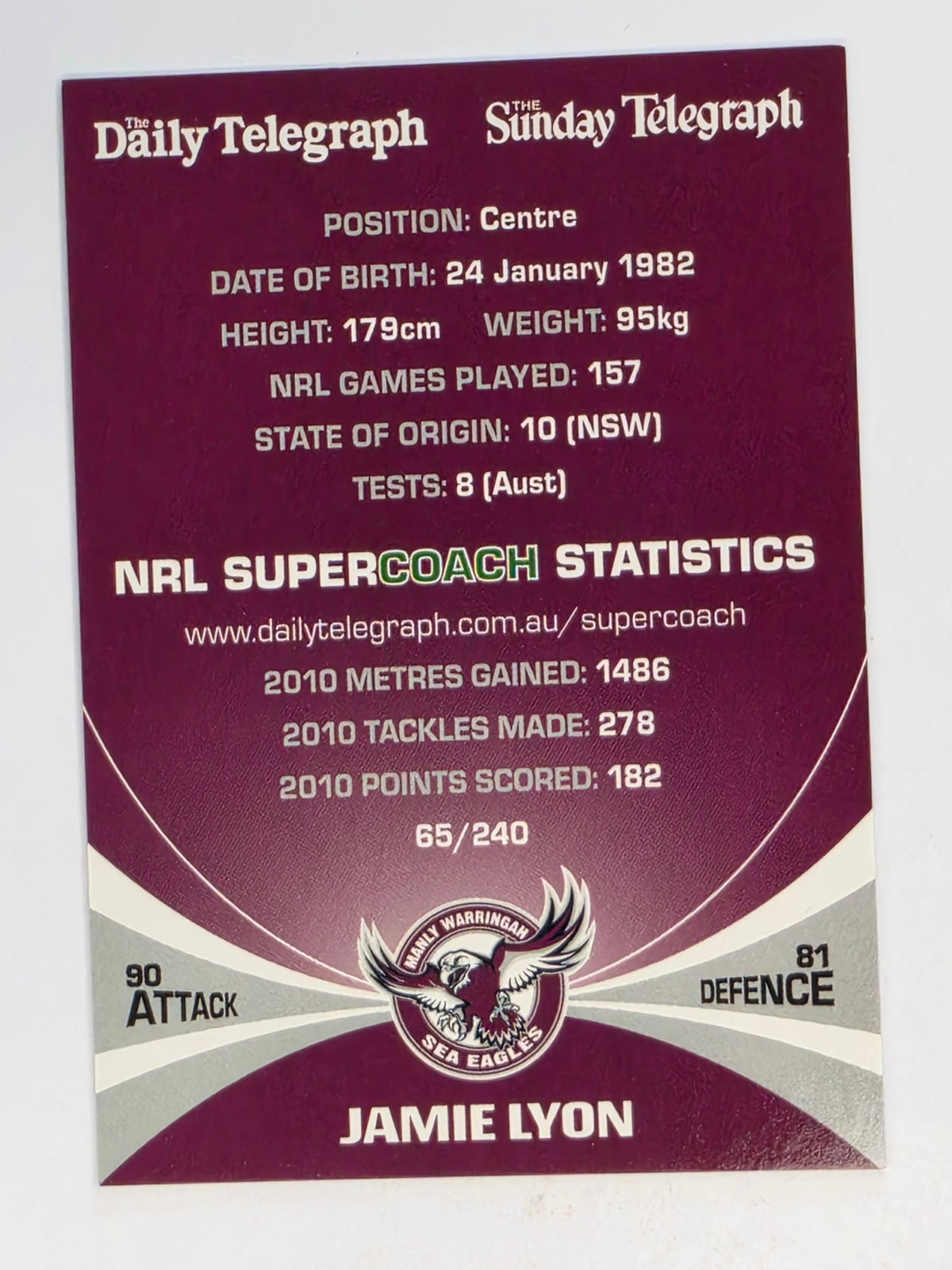 NRL 2011 Daily Telegraph | #065 Jamie Lyon | Manly Warringah Sea Eagles