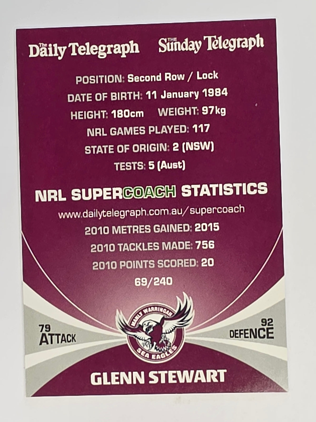 NRL 2011 Daily Telegraph | #069 Glenn Stewart | Manly Warringah Sea Eagles