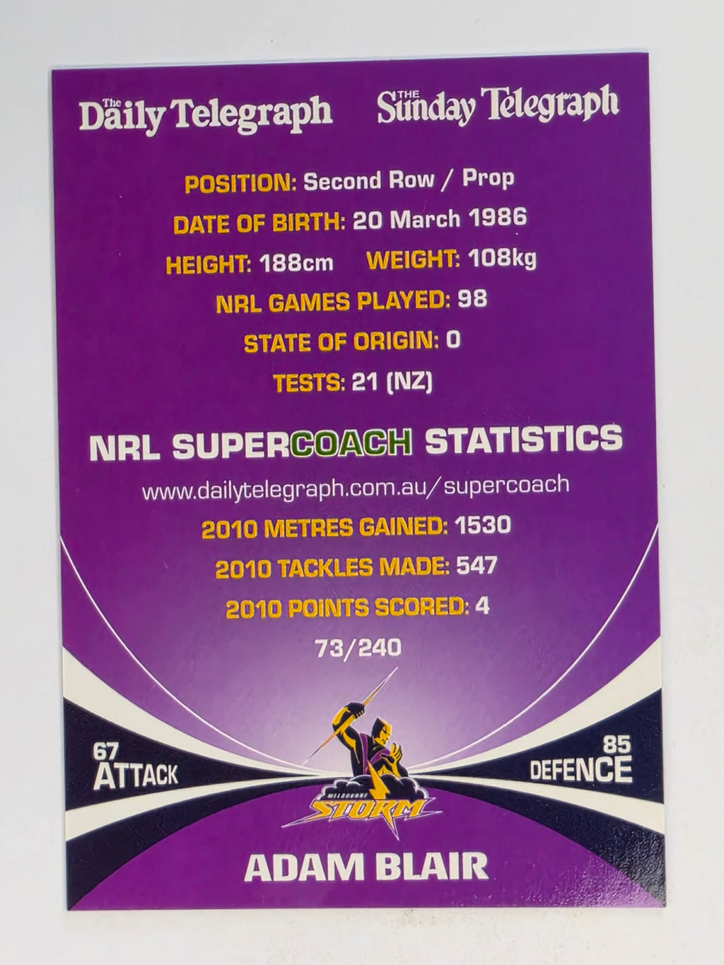 NRL 2011 Daily Telegraph | #073 Adam Blair | Melbourne Storm
