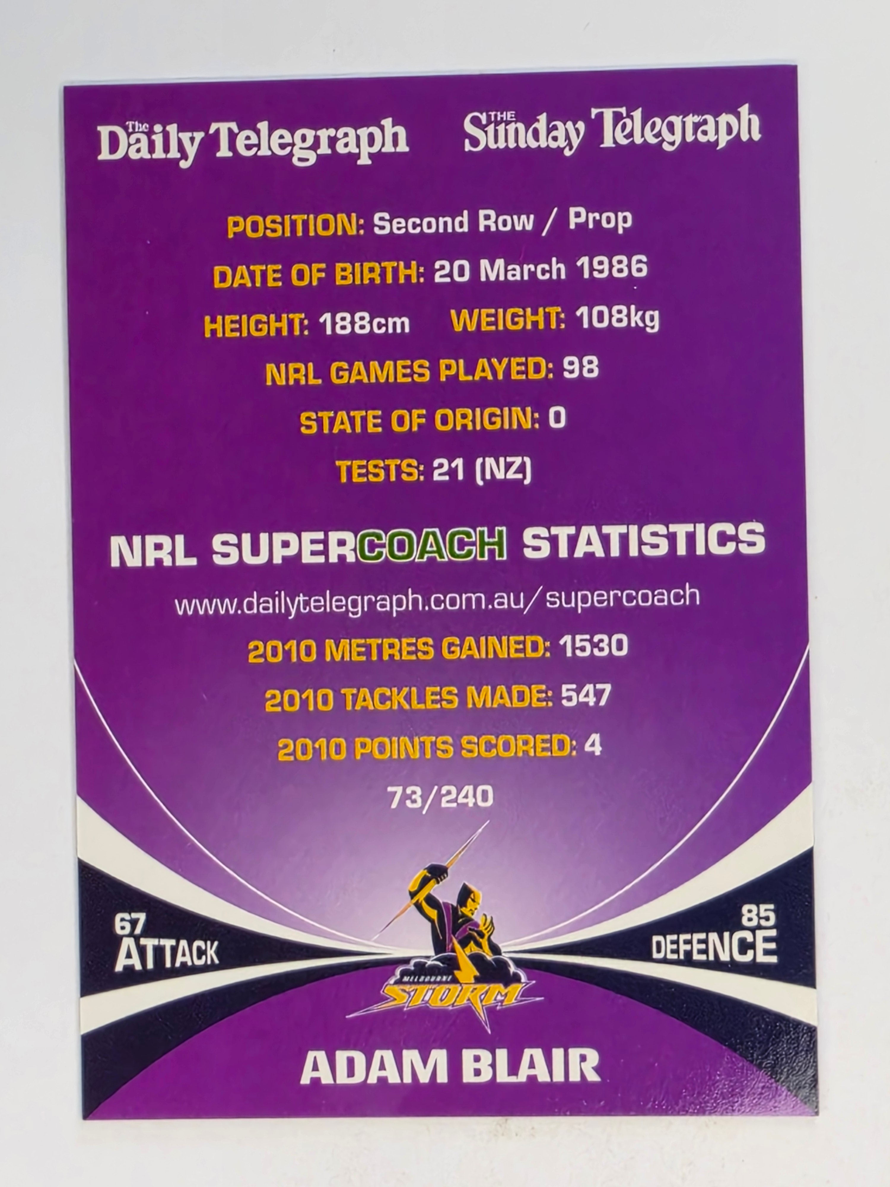 NRL 2011 Daily Telegraph | #073 Adam Blair | Melbourne Storm