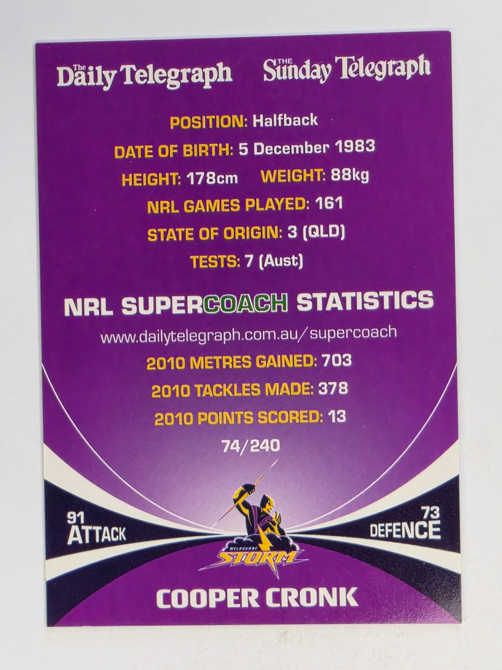 NRL 2011 Daily Telegraph | #074 Cooper Cronk | Melbourne Storm
