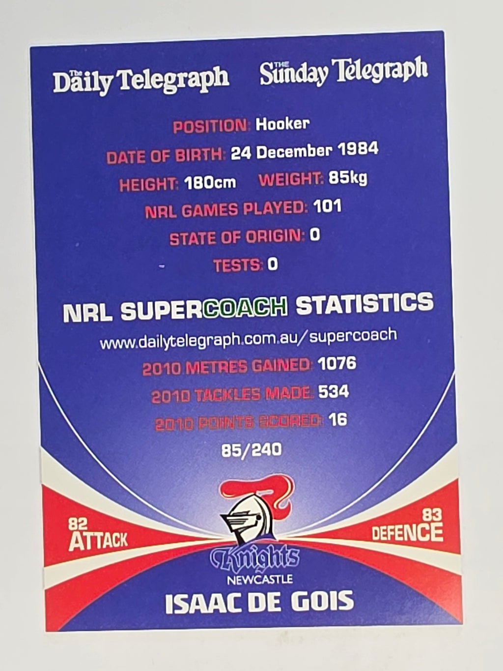 NRL 2011 Daily Telegraph | #085 Isaac De Gois | Newcastle Knights
