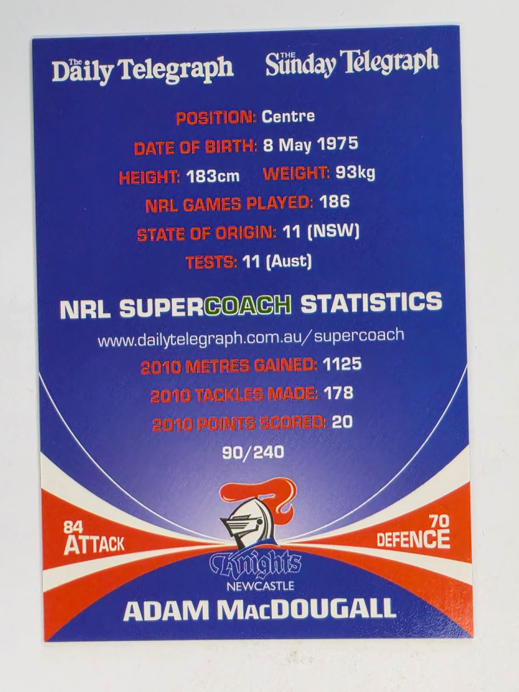 NRL 2011 Daily Telegraph | #090 Adam MacDougall | Newcastle Knights