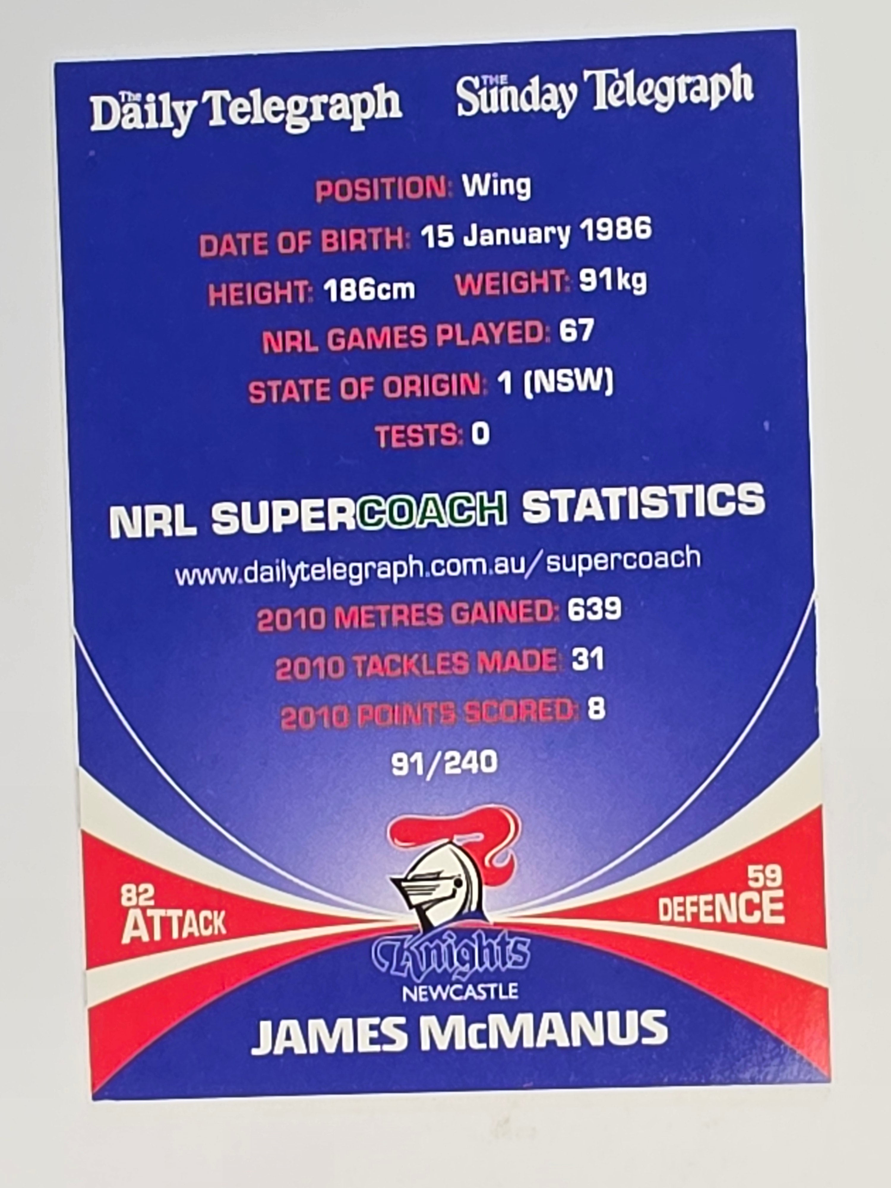 NRL 2011 Daily Telegraph | #091 James McManus | Newcastle Knights