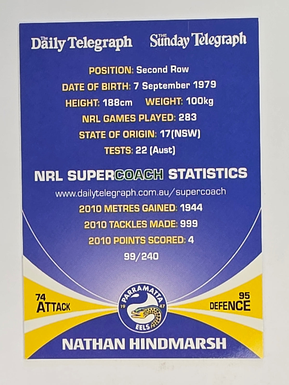 NRL 2011 Daily Telegraph | #099 Nathan Hindmarsh | Parramatta Eels
