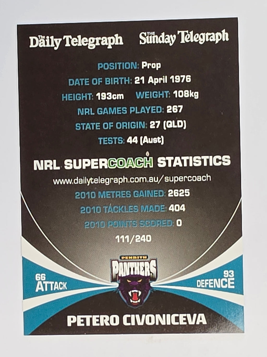 NRL 2011 Daily Telegraph | #111 Petero Civoniceva | Penrith Panthers