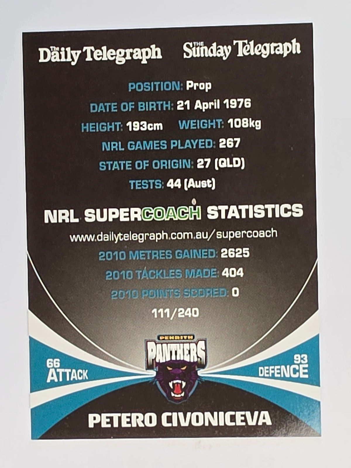 NRL 2011 Daily Telegraph | #111 Petero Civoniceva | Penrith Panthers