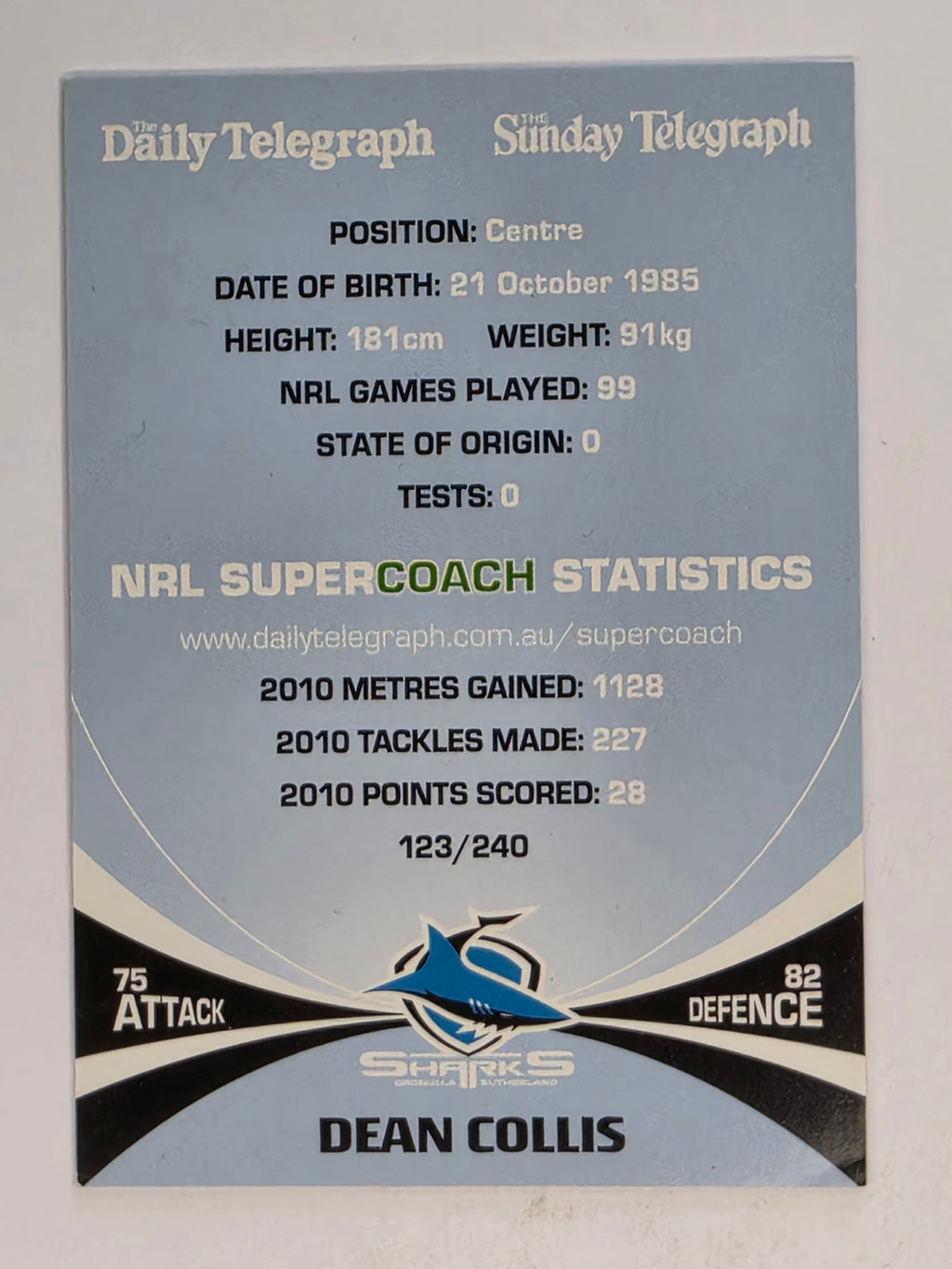 NRL 2011 Daily Telegraph | #123 Dean Collis | Cronulla Sutherland Sharks
