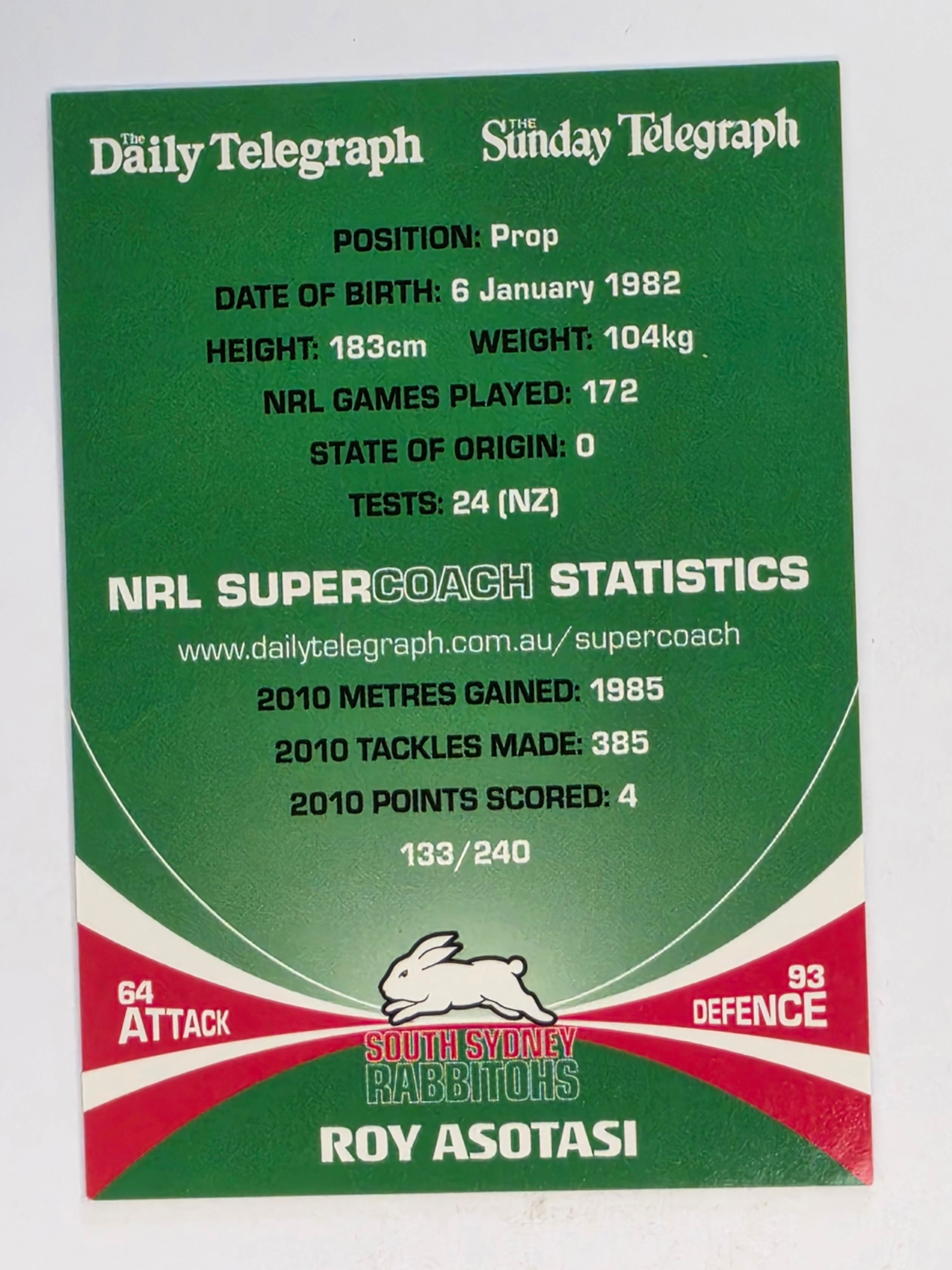 NRL 2011 Daily Telegraph | #133 Roy Asotasi | South Sydney Rabbitohs