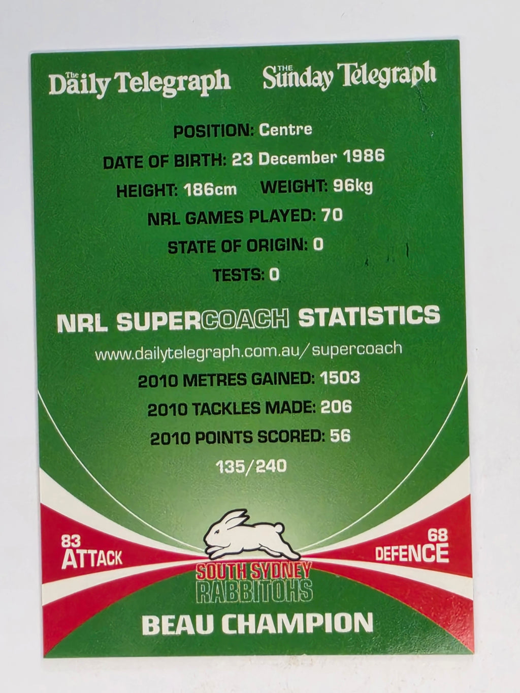 NRL 2011 Daily Telegraph | #135 Beau Champion | South Sydney Rabbitohs