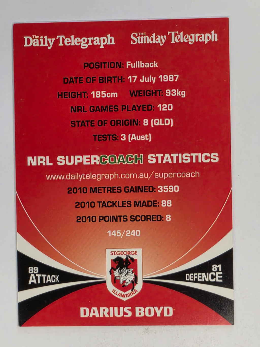 NRL 2011 Daily Telegraph | #145 Darius Boyd | St George Illawarra Dragons