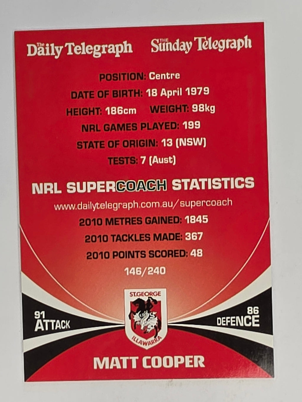 NRL 2011 Daily Telegraph | #146 Matt Cooper | St George Illawarra Dragons