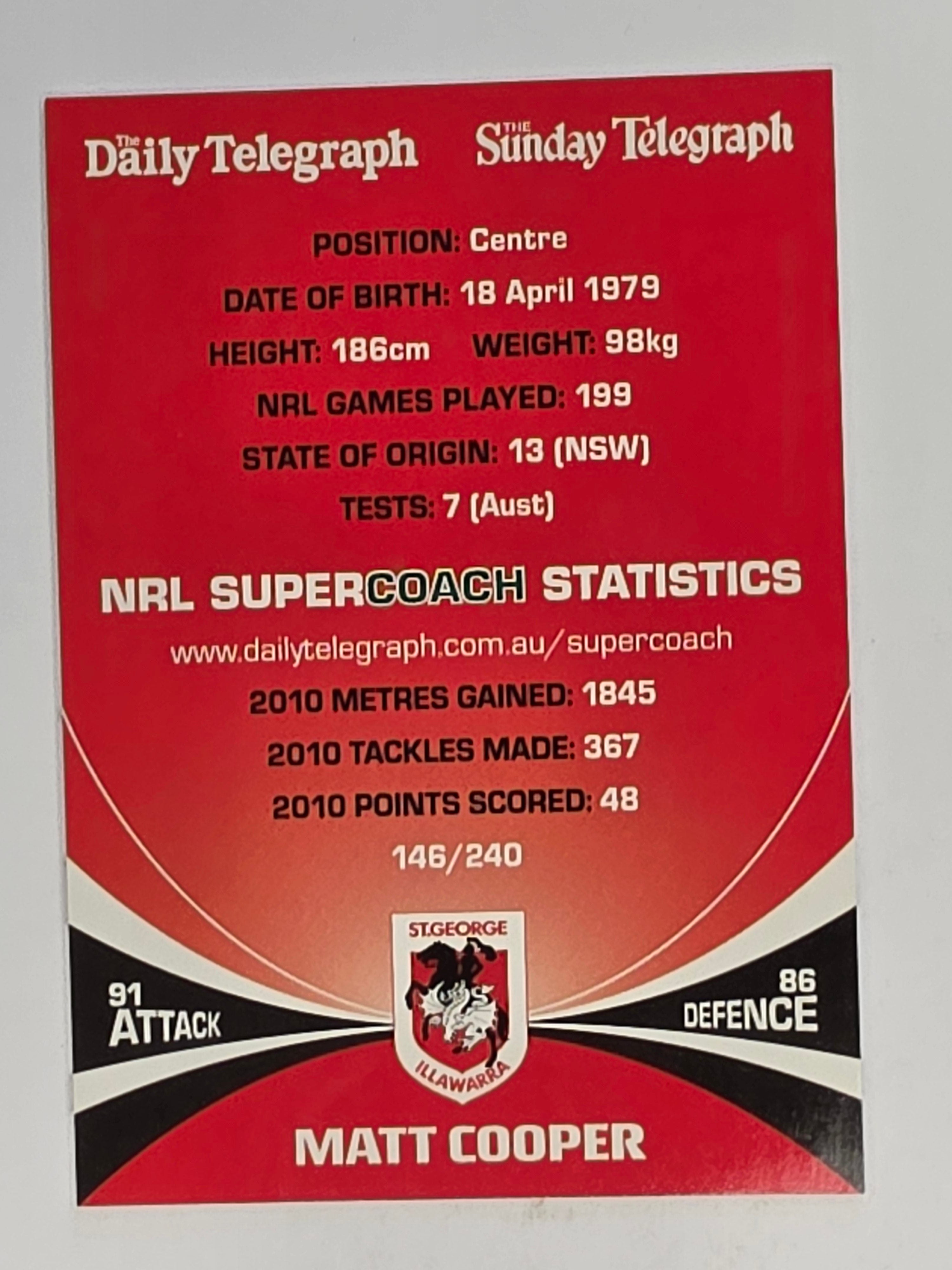 NRL 2011 Daily Telegraph | #146 Matt Cooper | St George Illawarra Dragons
