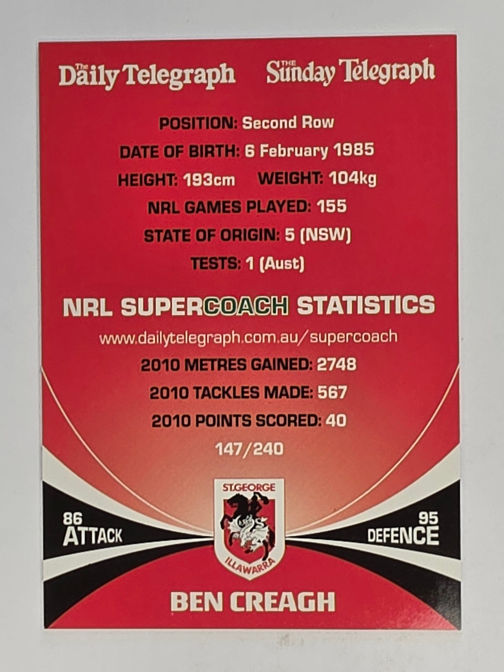 NRL 2011 Daily Telegraph | #147 Ben Creagh | St George Illawarra Dragons