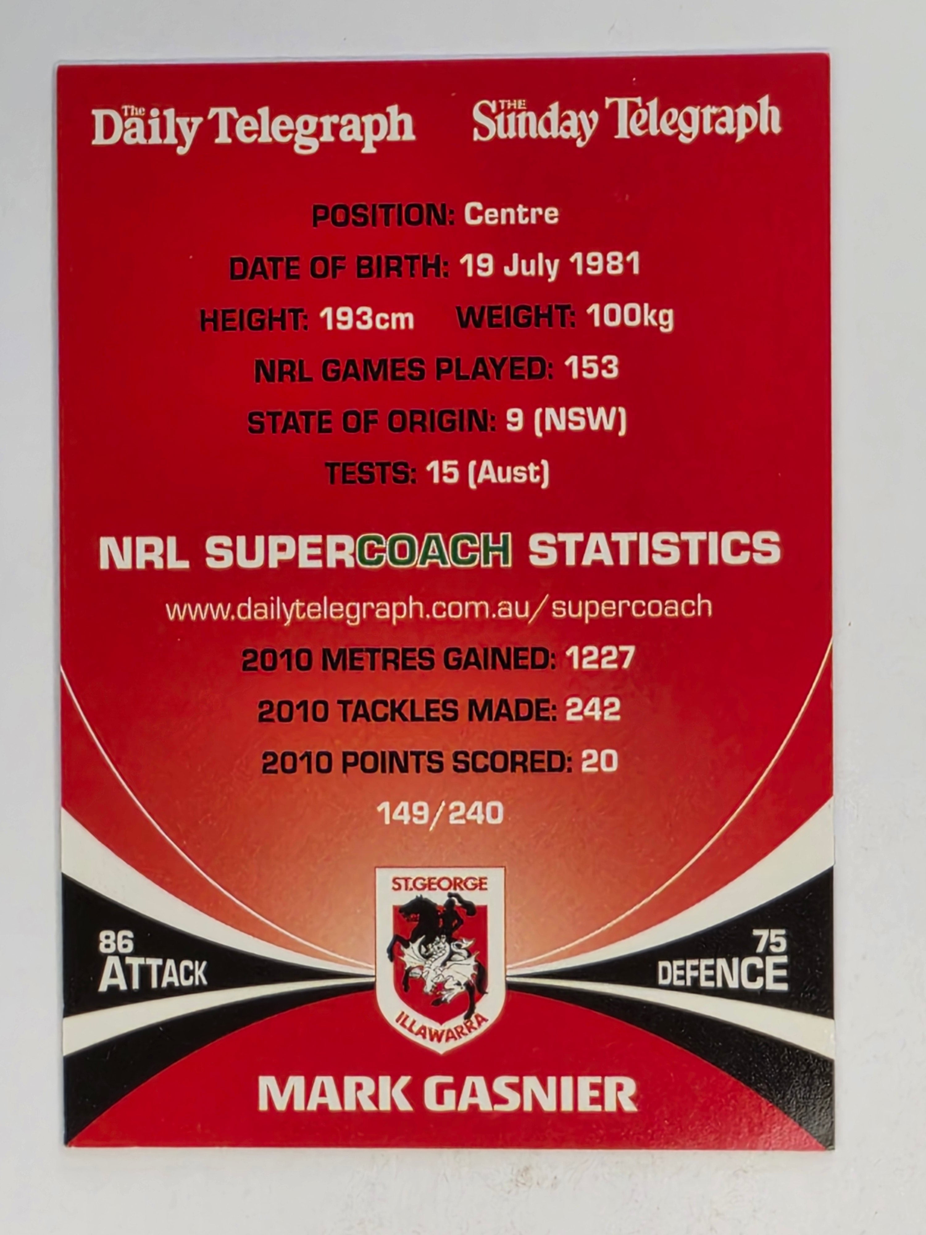 NRL 2011 Daily Telegraph | #149 Mark Gasnier | St George Illawarra Dragons