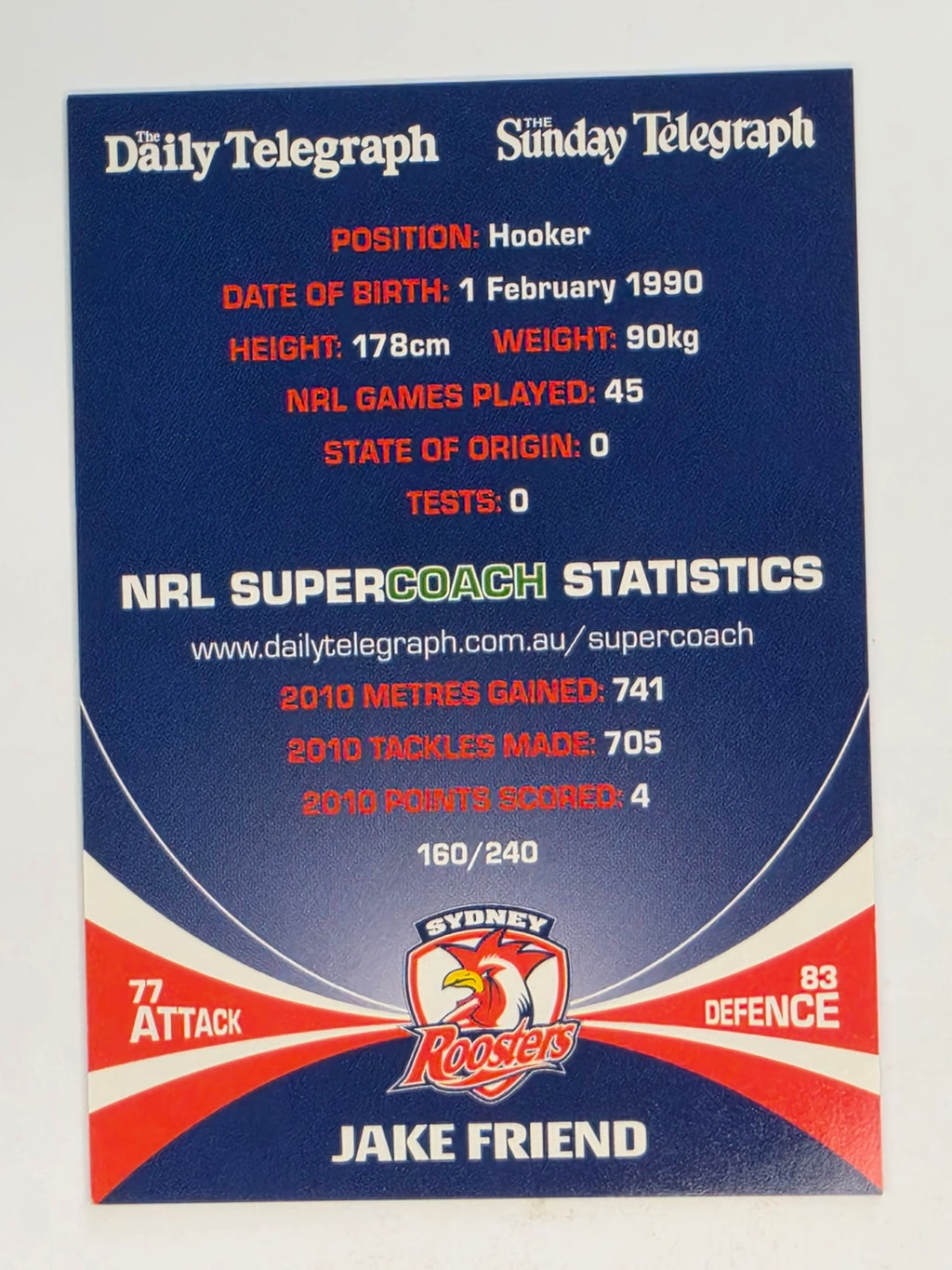 NRL 2011 Daily Telegraph | #160 Jake Friend | Sydney Roosters