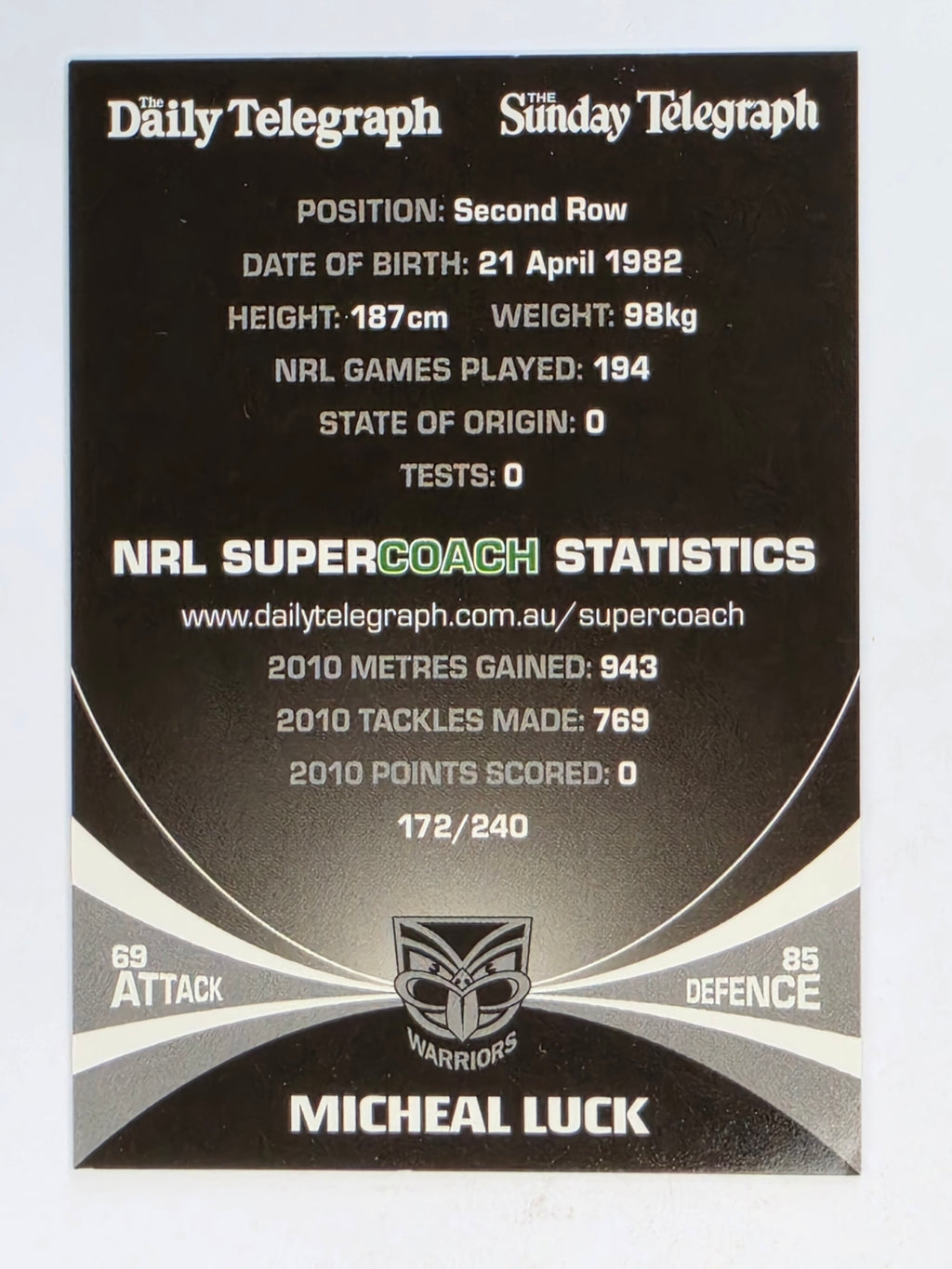 NRL 2011 Daily Telegraph | #172 Micheal Luck | New Zealand Warriors