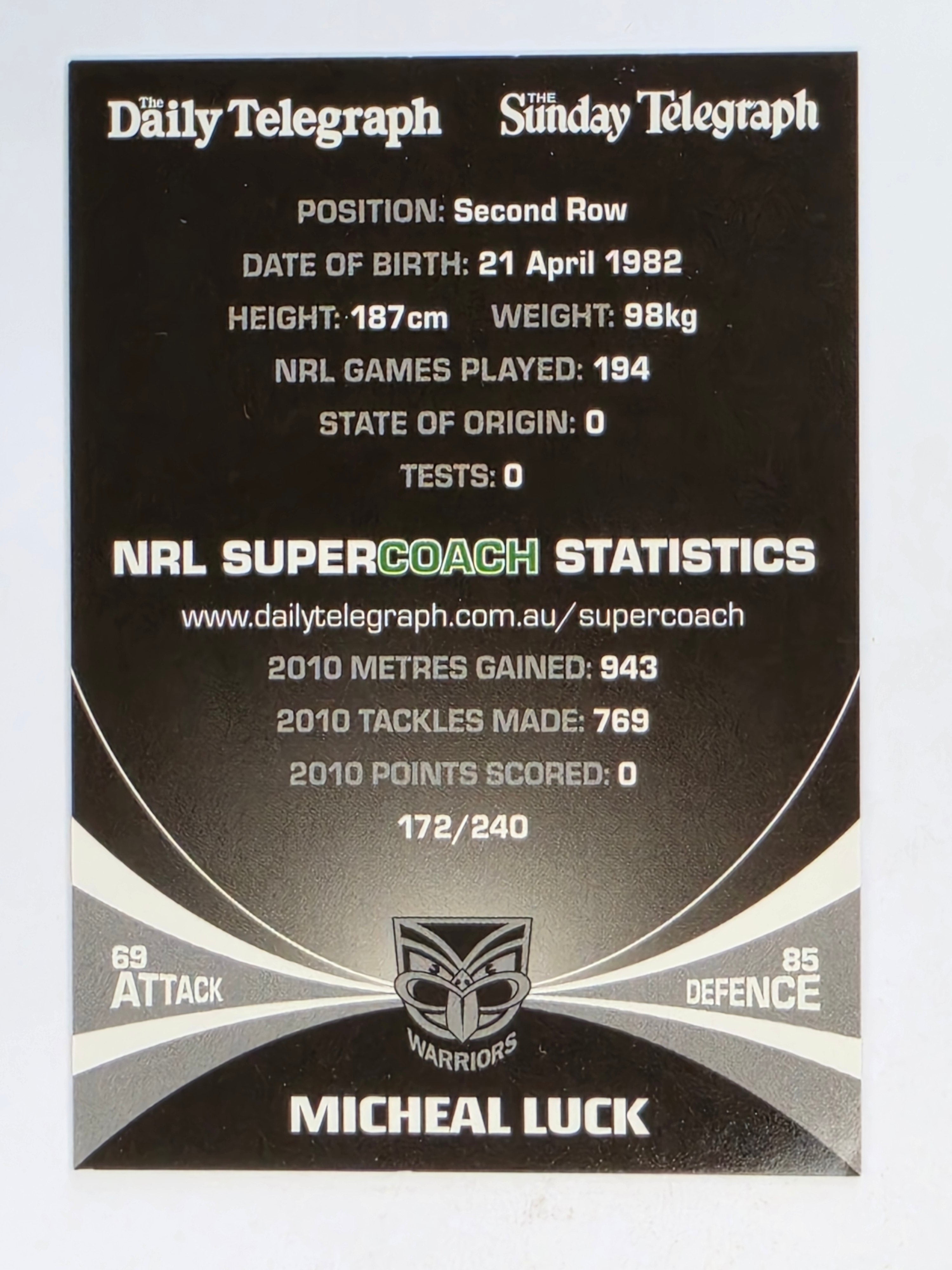 NRL 2011 Daily Telegraph | #172 Micheal Luck | New Zealand Warriors