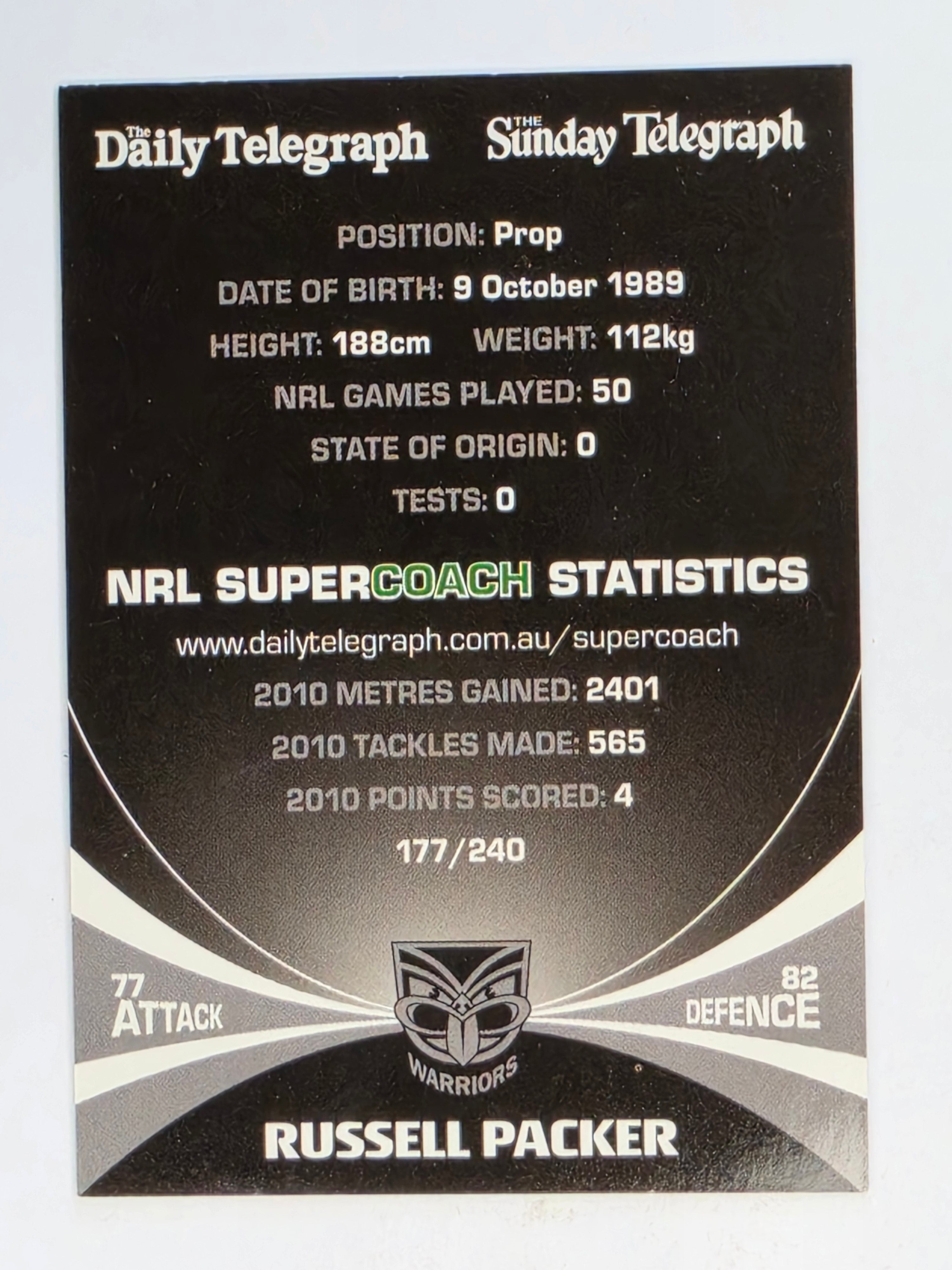 NRL 2011 Daily Telegraph | #177 Russell Packer | New Zealand Warriors
