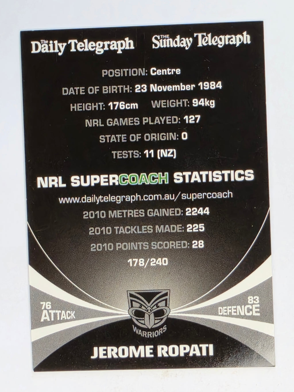 NRL 2011 Daily Telegraph | #178 Jerome Ropati | New Zealand Warriors