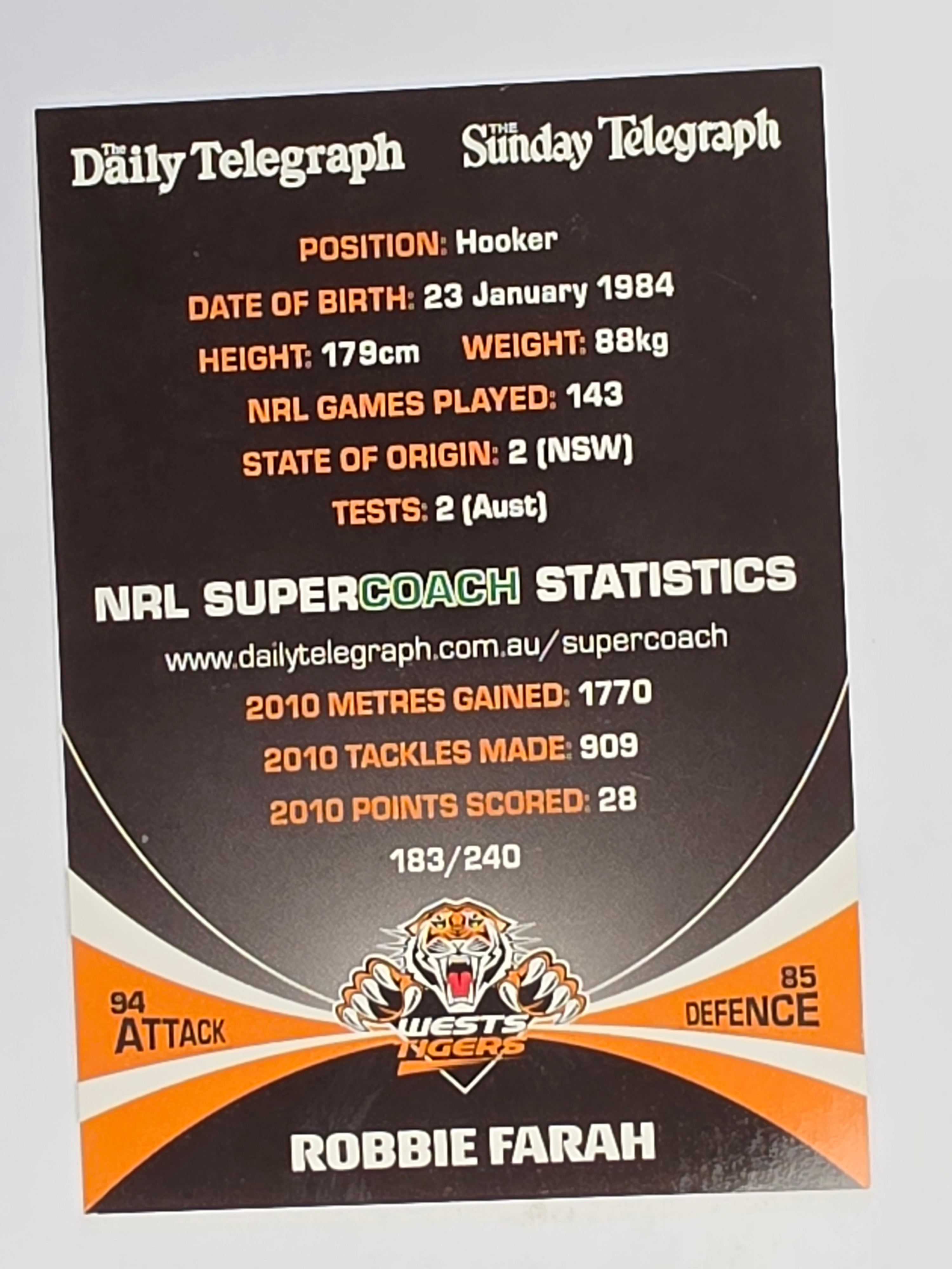 NRL 2011 Daily Telegraph | #183 Robbie Farah | Wests Tigers