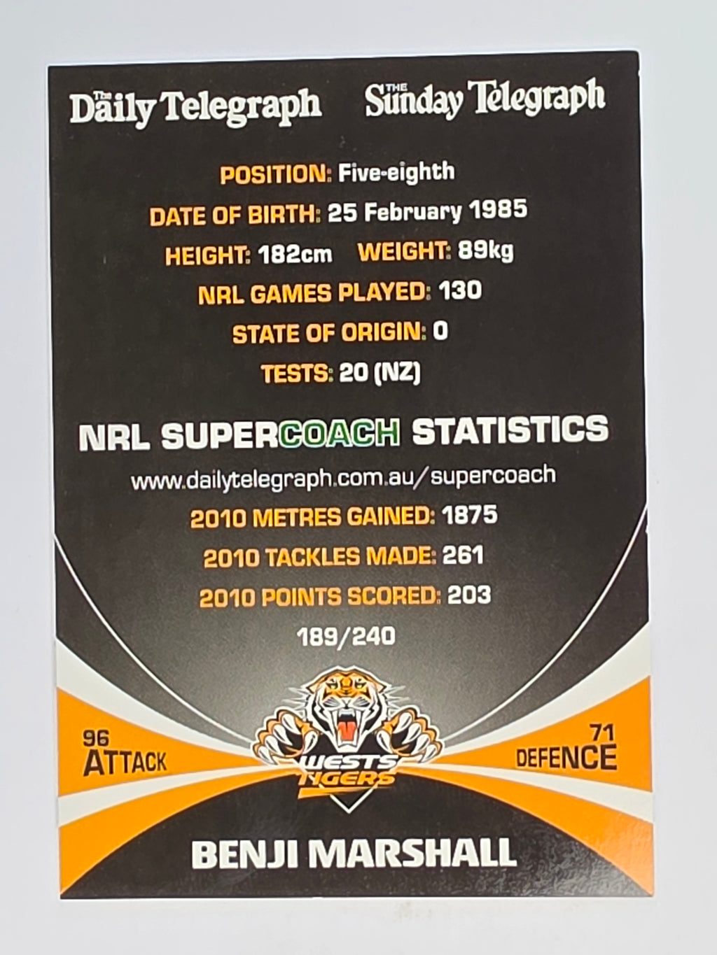 NRL 2011 Daily Telegraph | #189 Benji Marshall | Wests Tigers