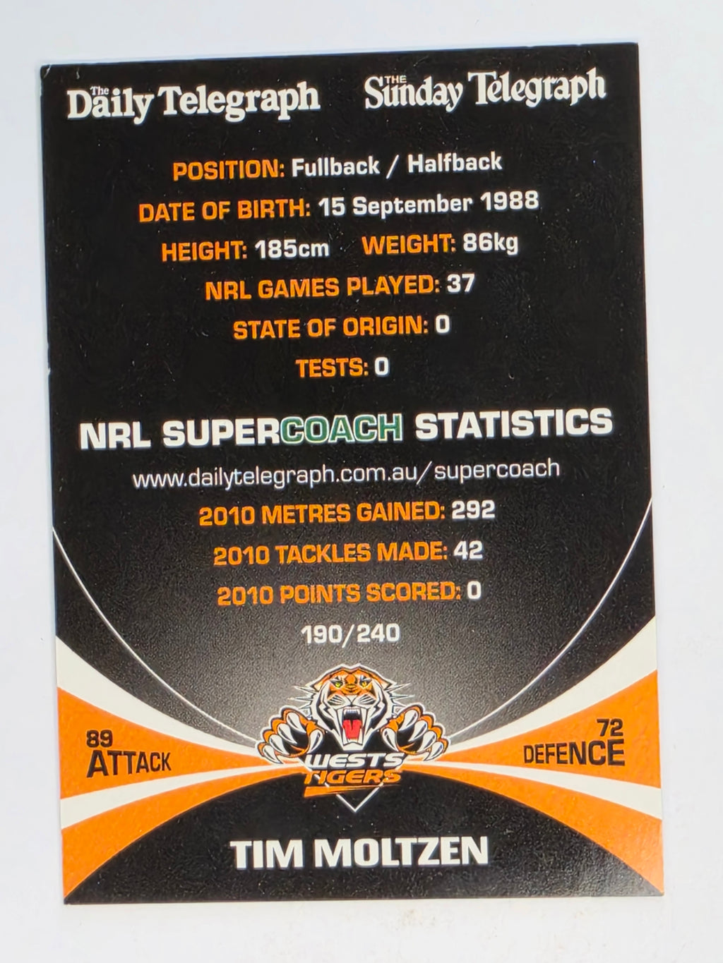 NRL 2011 Daily Telegraph | #190 Tim Moltzen | Wests Tigers