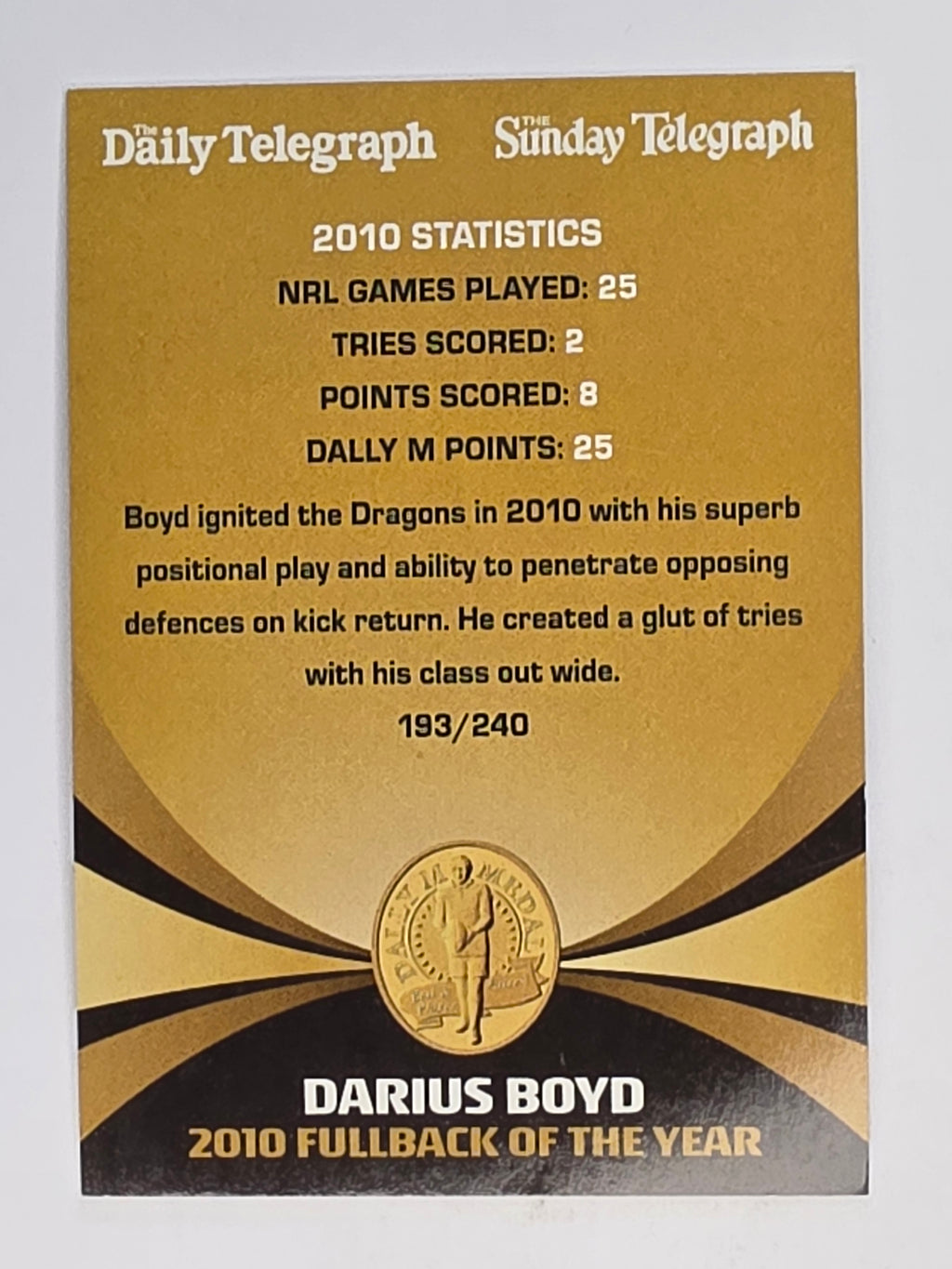 NRL 2011 Daily Telegraph | #193 Darius Boyd Dally M Winner