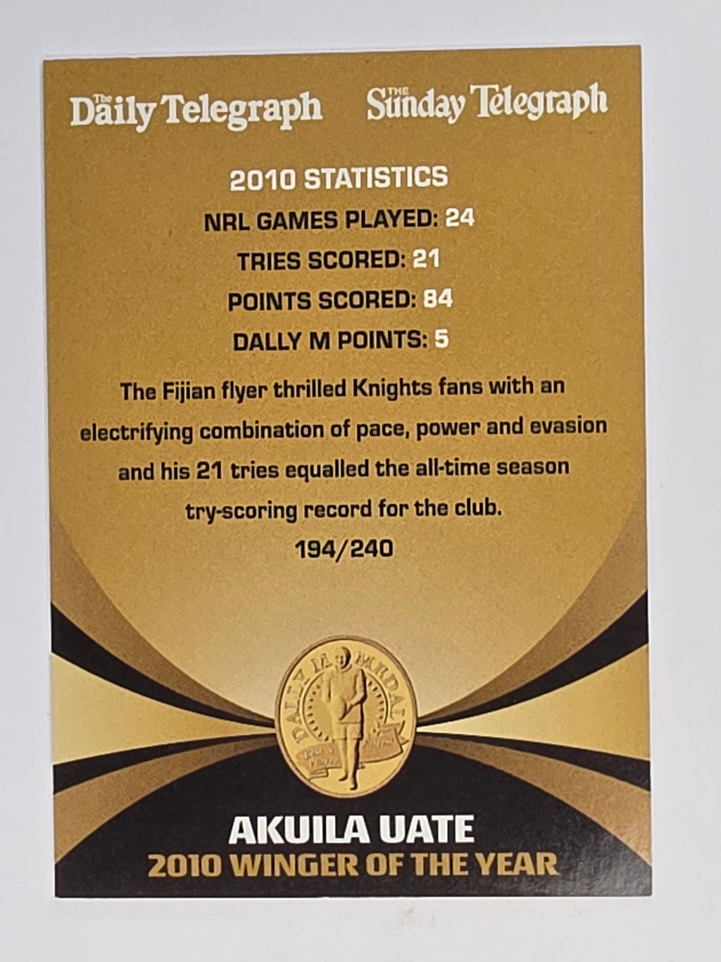 NRL 2011 Daily Telegraph | #194 Akuila Uate Dally M Winner