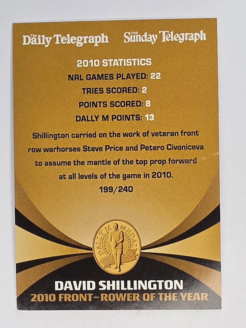 NRL 2011 Daily Telegraph | #199 David Shillington Dally M Winner