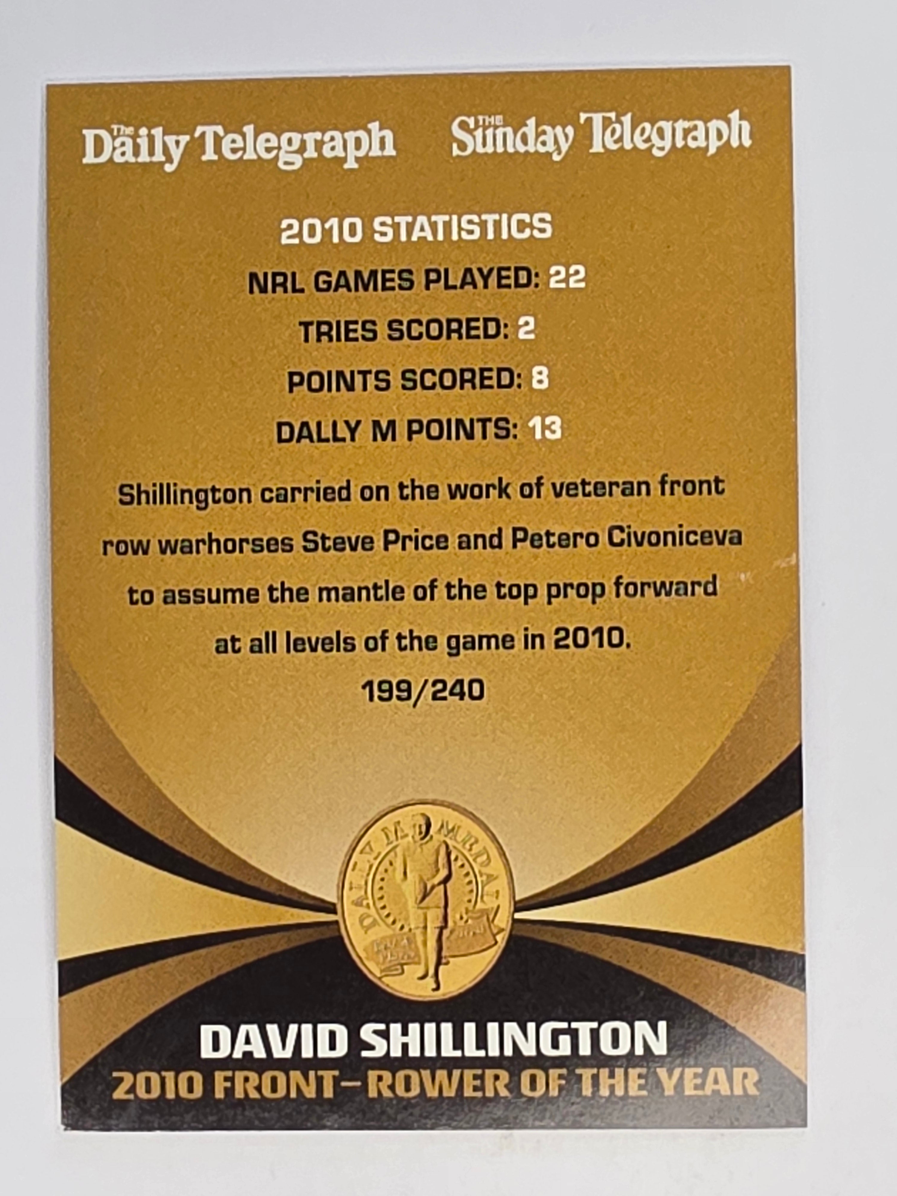 NRL 2011 Daily Telegraph | #199 David Shillington Dally M Winner