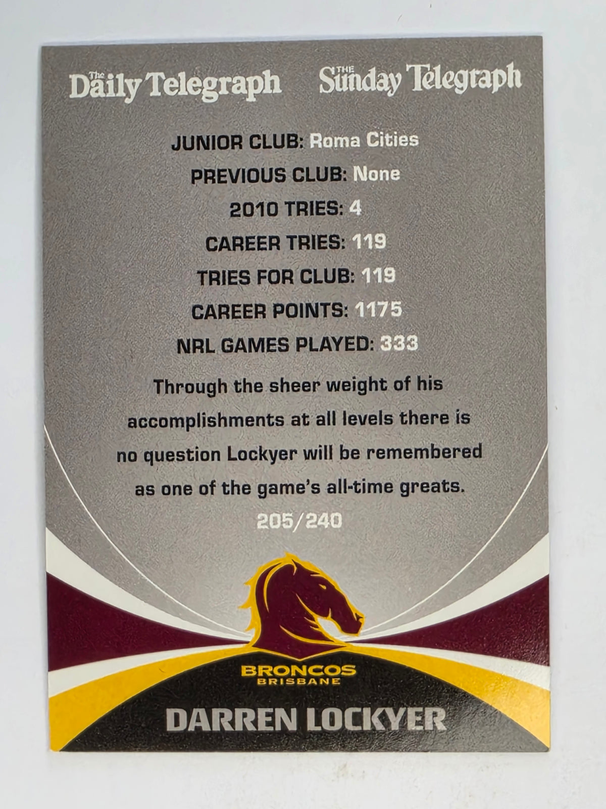 NRL 2011 Daily Telegraph | #205 Darren Lockyer Top Try Scorers