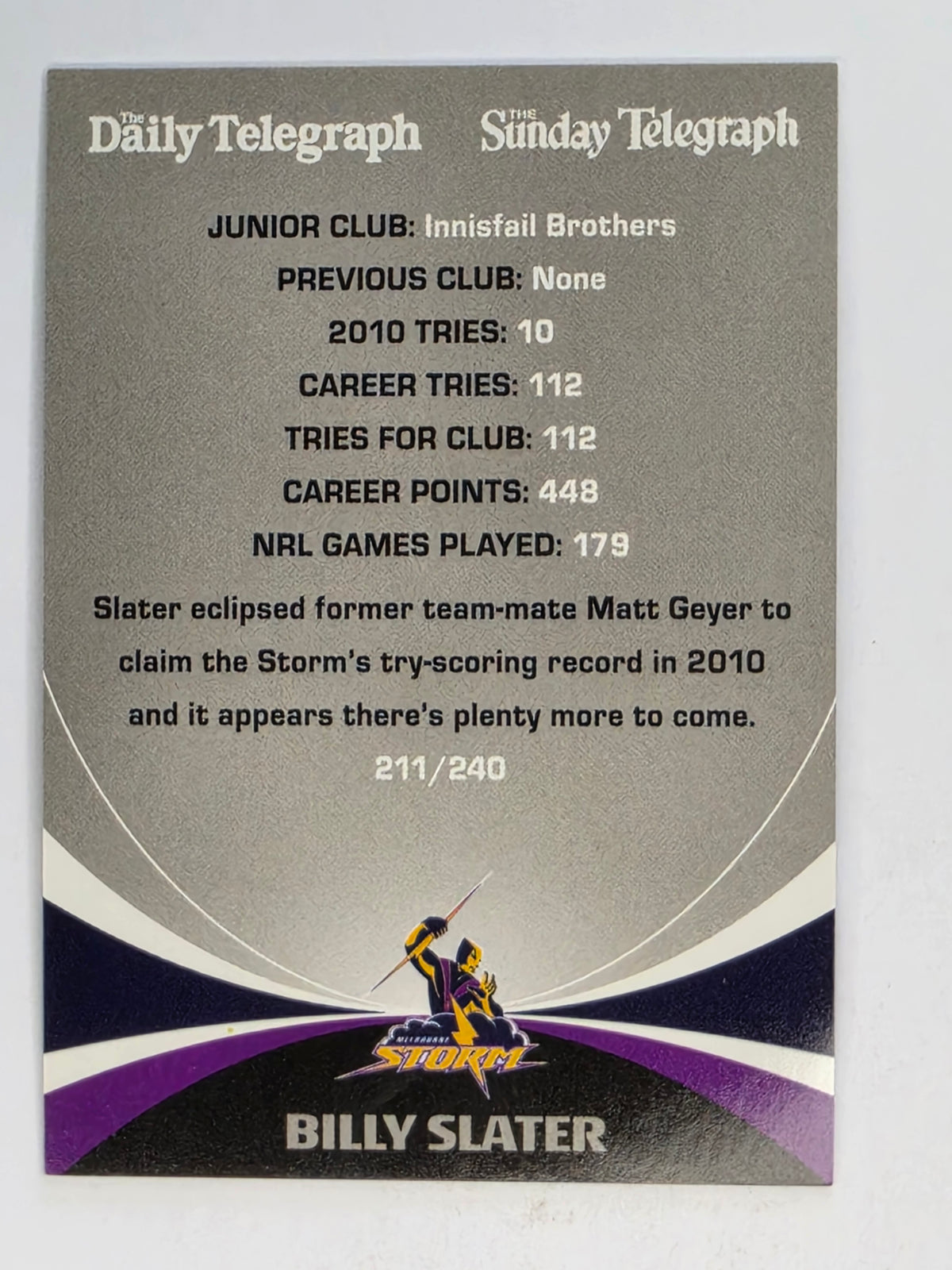 NRL 2011 Daily Telegraph | #211 Billy Slater Top Try Scorers