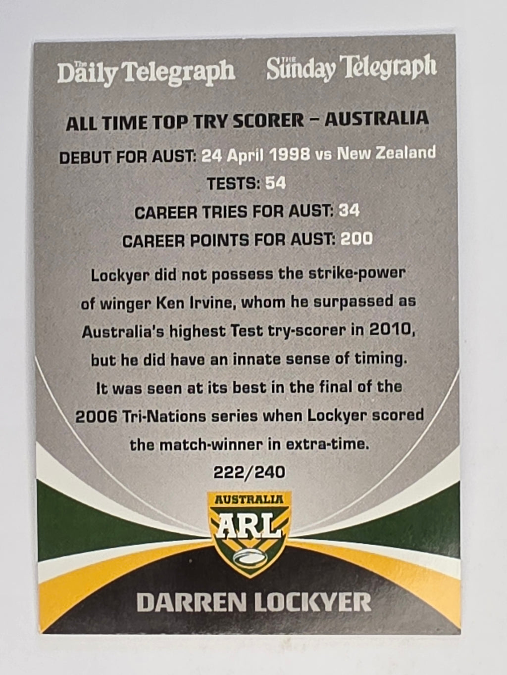 NRL 2011 Daily Telegraph | #222 Darren Lockyer Top Try Scorers