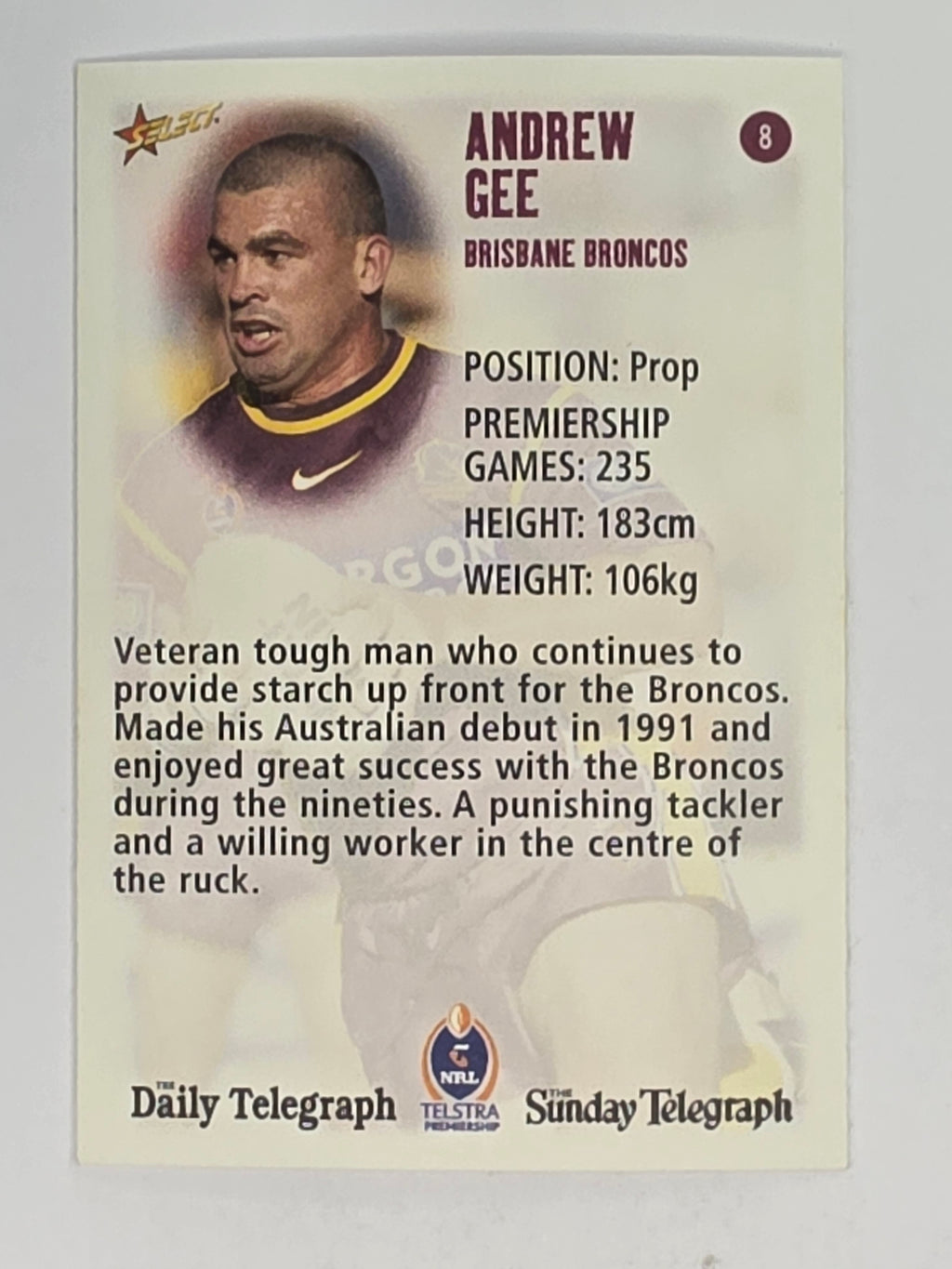 NRL 2003 Daily Telegraph | #008 | Andrew Gee | Brisbane Broncos
