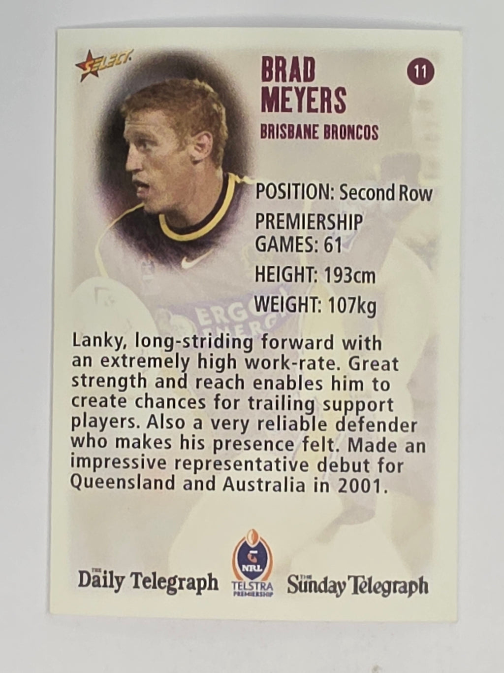 NRL 2003 Daily Telegraph | #011 | Brad Meyers | Brisbane Broncos