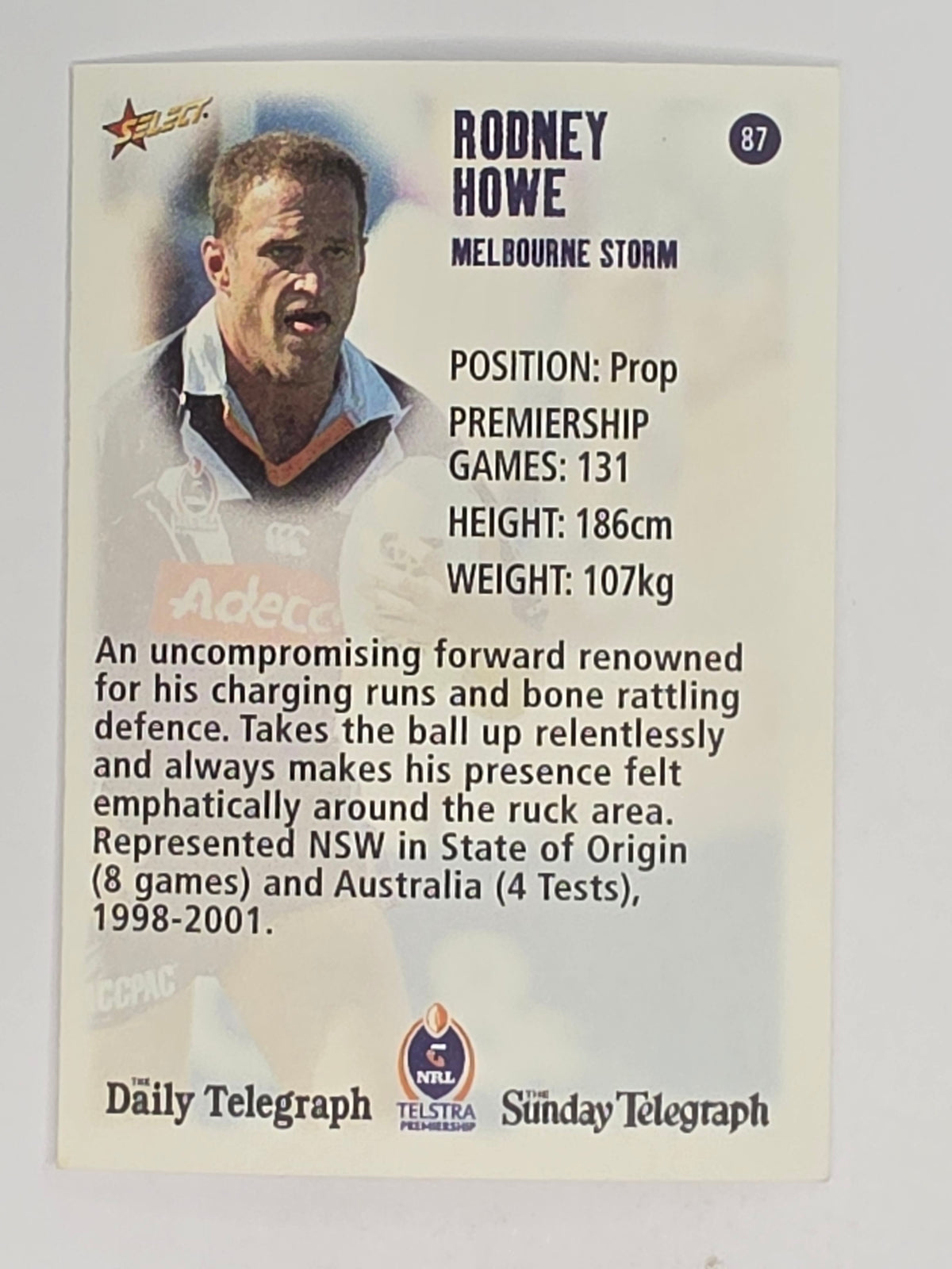 NRL 2003 Daily Telegraph | #087 | Rodney Howe | Melbourne Storm