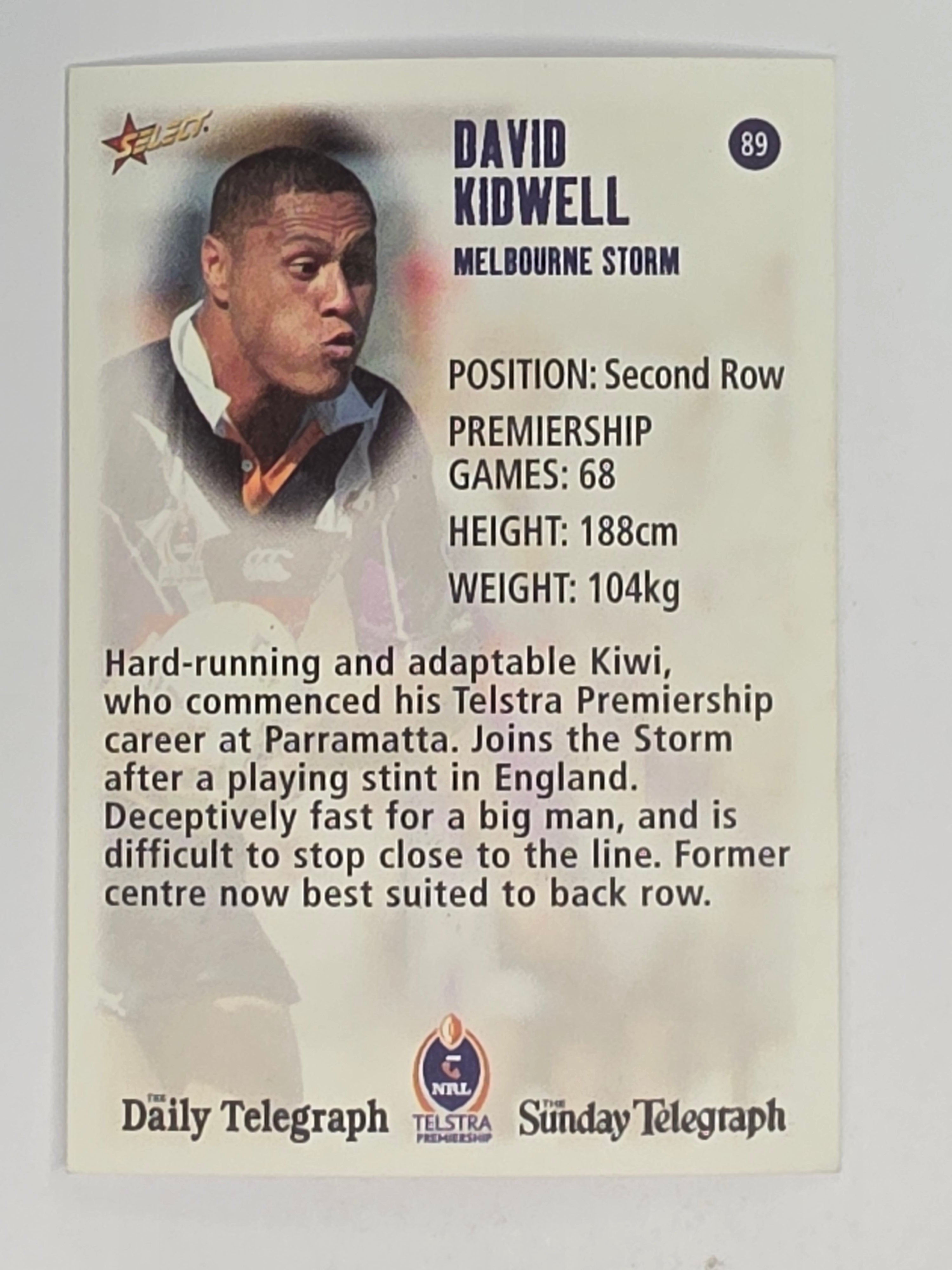 NRL 2003 Daily Telegraph | #089 | David Kidwell | Melbourne Storm