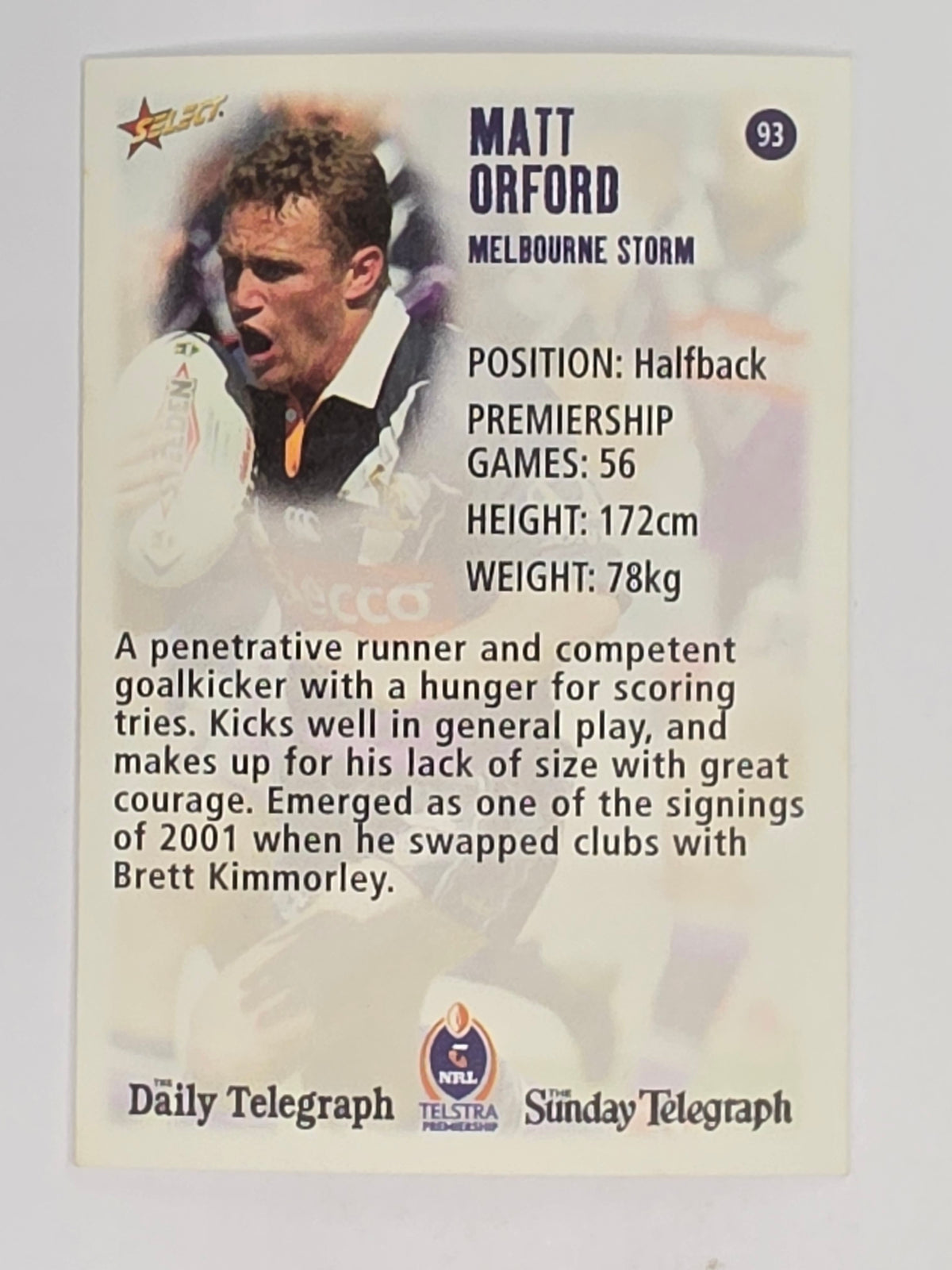 NRL 2003 Daily Telegraph | #093 | Matt Orford | Melbourne Storm