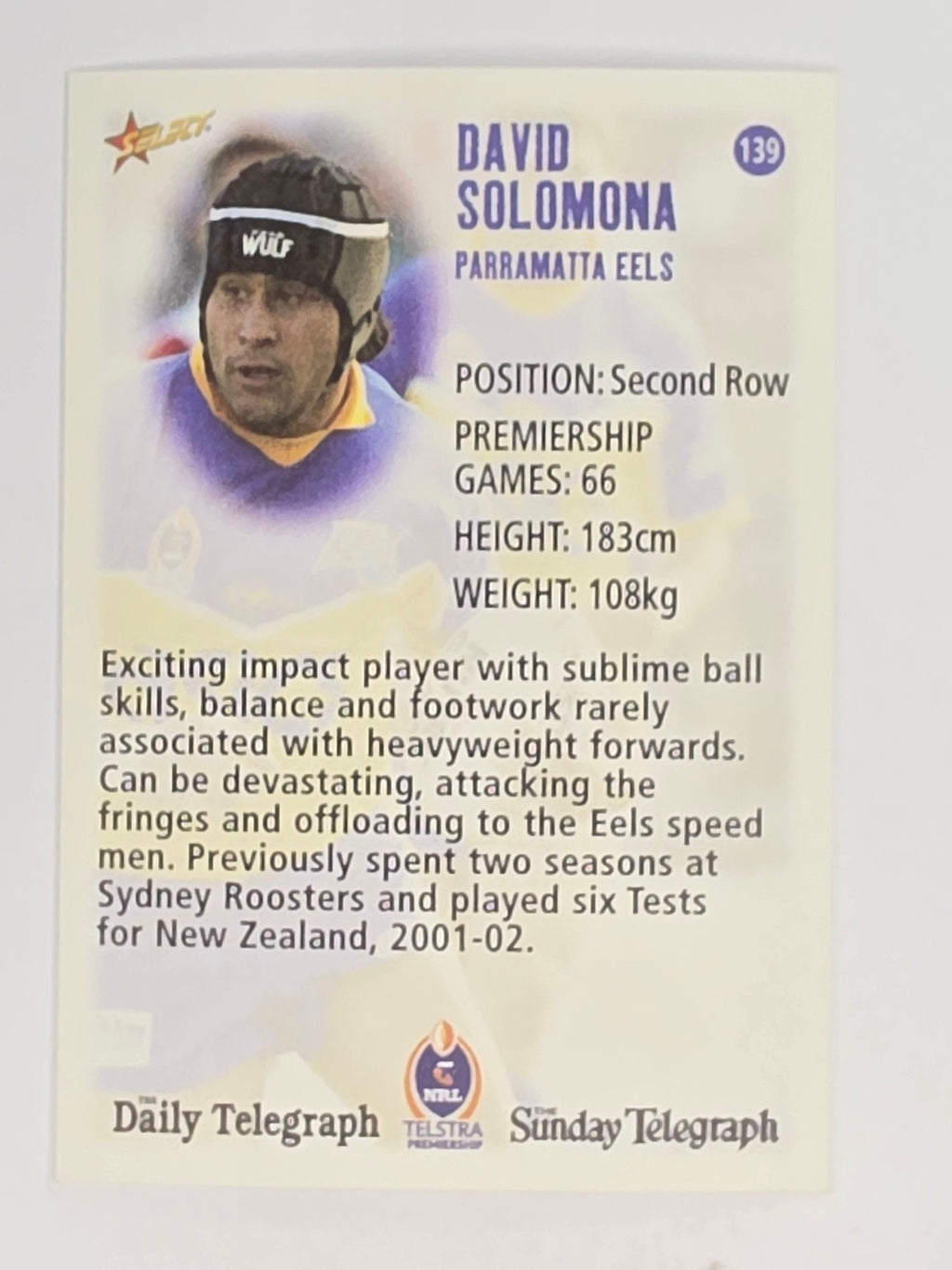 NRL 2003 Daily Telegraph | #139 | David Solomona | Parramatta Eels
