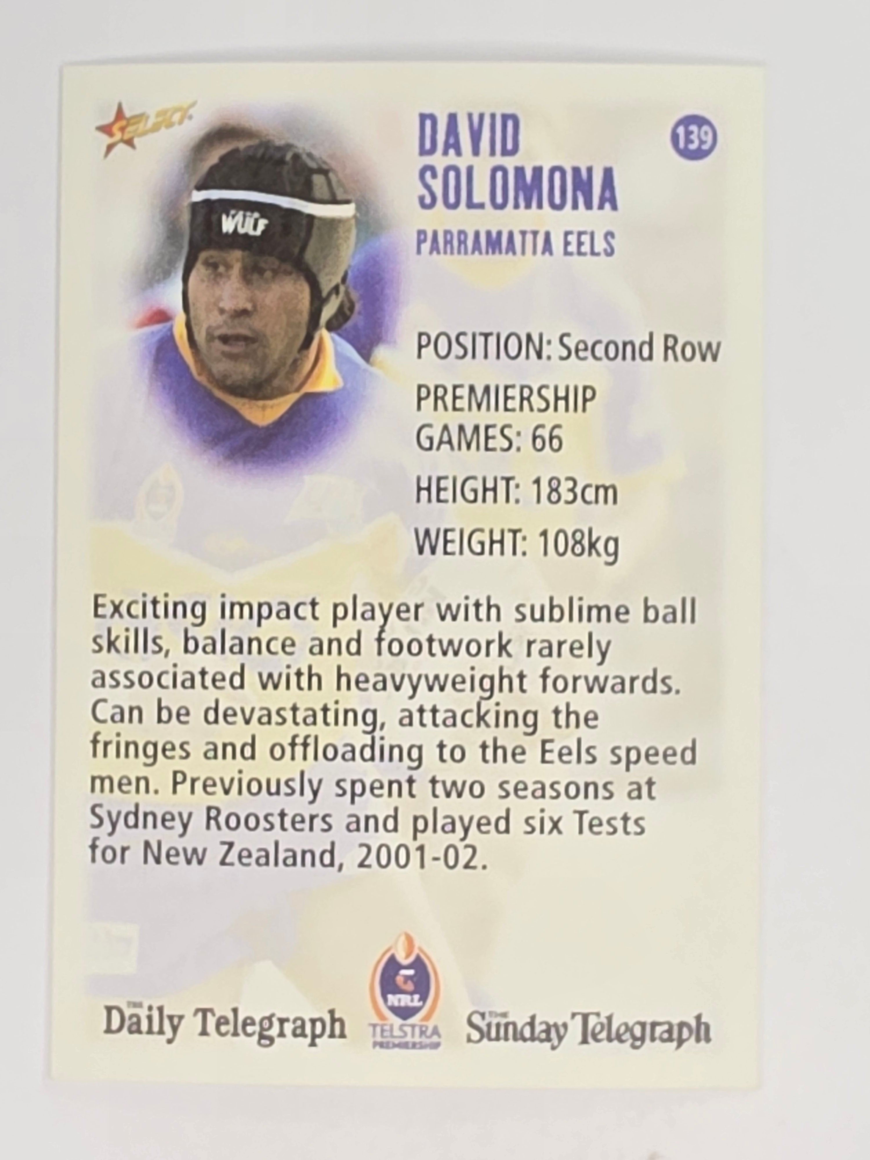 NRL 2003 Daily Telegraph | #139 | David Solomona | Parramatta Eels