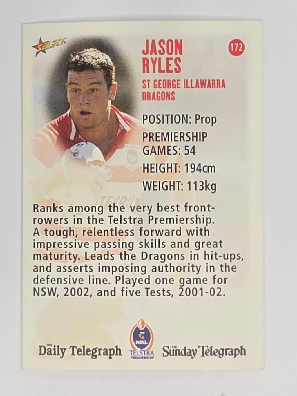 NRL 2003 Daily Telegraph | #172 | Jason Ryles | St George Illawarra Dragons
