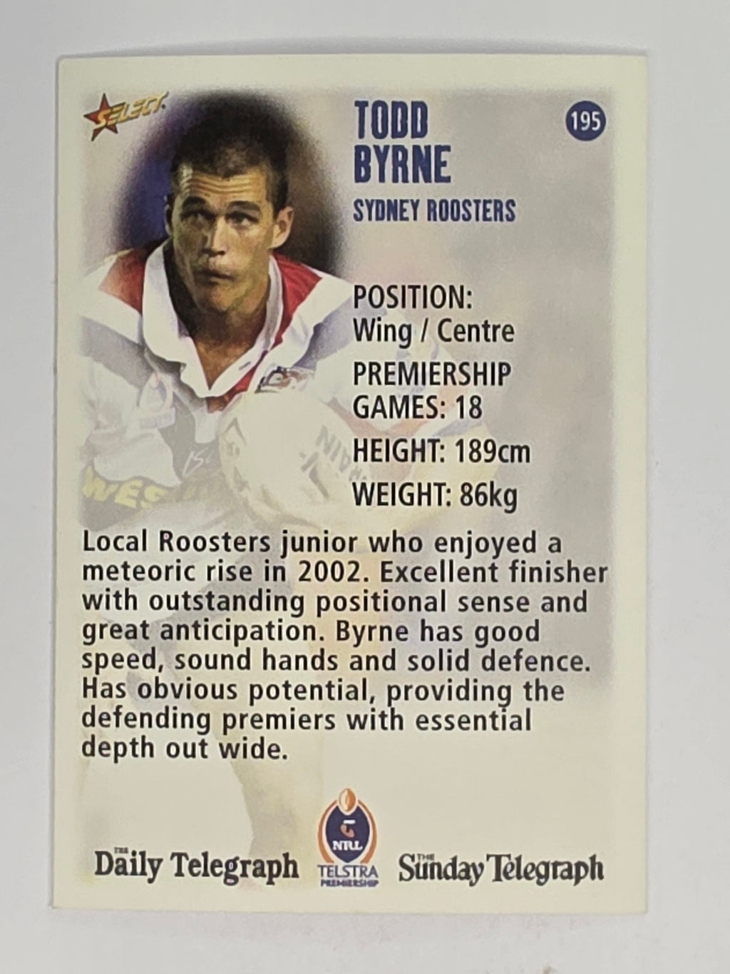 NRL 2003 Daily Telegraph | #195 | Todd Byrne | Sydney Roosters